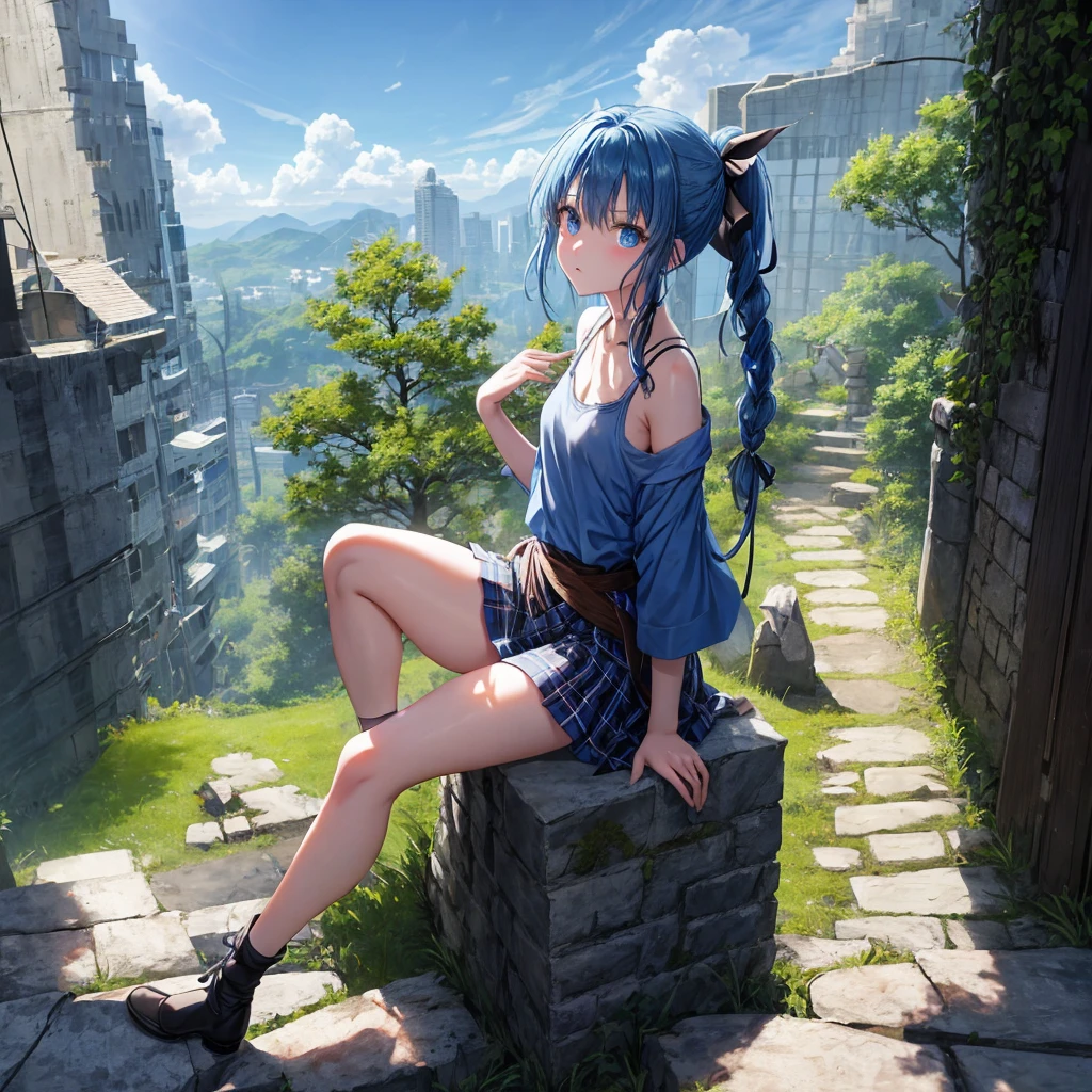 blue hair、blue eyes、Braid、ponytail、one good looking girl、solo、anime、Plaid miniskirt、camisole、black t-shirt、Tilting your face、Doing the ribbon、Ribbon at waist、sunset sky、broken stone steps、ruins、tunnel、Fallen leaves、Light and shadow、Raising legs、column、sparks fall、forest、tall grass grows、cloak、the ground is cracked、Shortness of breath、Meteor、sitting on a stone