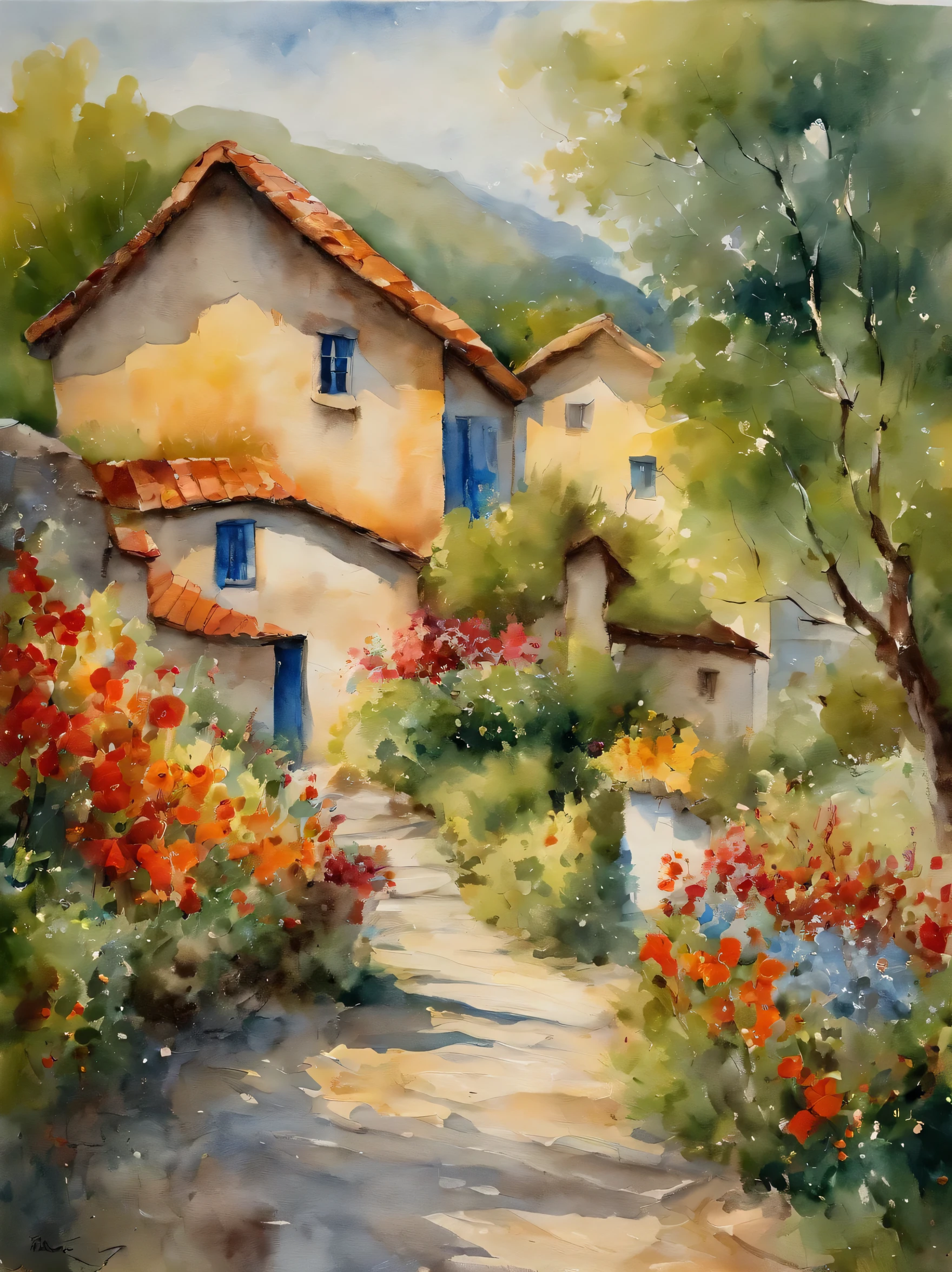 Charming 100% Reverse Watercolor This is a vibrant watercolor depicting a rural or rural scene. The artwork is characterized by its fluidity, Loose, bright brush strokes, Expressive colours. in the foreground, There is a lush cluster of flowers with pink and red petals, Interspersed with green foliage, Which adds a sense of depth and liveliness to the scene.The middle plot shows a path or road leading to a pair of houses. The houses feature orange roofs and light-colored walls, Maybe white or yellow, With blue shutters, Which suggests a warm and sunny environment. The path seems to be bathed in sunlight, As indicated by the warm yellow undertones.In the background, There are hints of trees and perhaps a hill or mountain, Painted in cool blue and green colors, Which contrasts with the warmth of the rest of the painting. The sky is suggested by washes of blue and white, Which gives the impression of a clear day with some clouds.Total, The painting evokes a feeling of peace