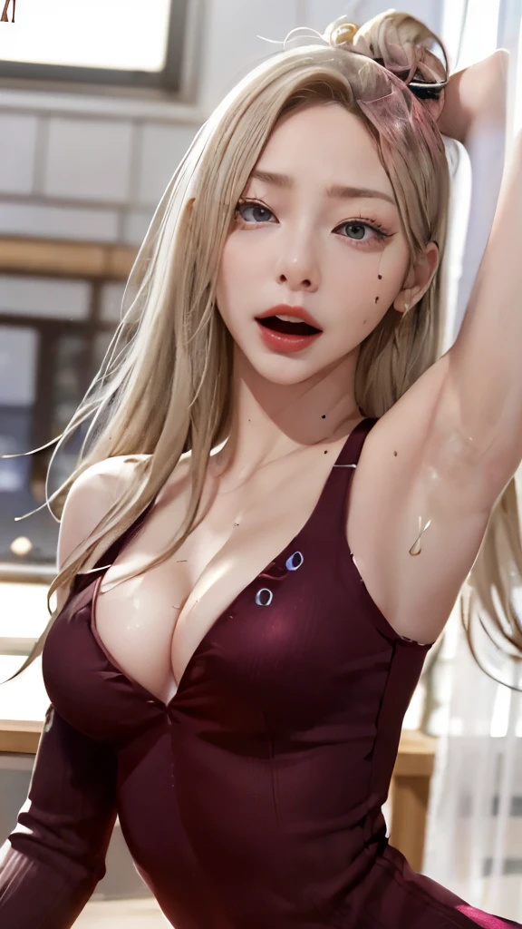 8k, RAW image、lively、Crisp double、long eyelashes、big breasts、cleavage emphasis、big cleavage、White V-neck long sweater maxi dress that sticks to the skin、sweaty face，Shiny pink gloss lip、sexy lips、standing pose、get horny、sexy face、background bokeh、(full shot)、((get sexually excited、sexual face、sensual seductive face)), (Thin small face、sharp chin、small mouth、)