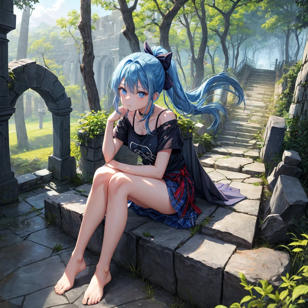 blue hair、blue eyes、Braid、ponytail、one good looking girl、solo、anime、Plaid miniskirt、camisole、black t-shirt、Tilting your face、Doing the ribbon、Ribbon at waist、sunset sky、broken stone steps、ruins、tunnel、Fallen leaves、Light and shadow、Raising legs、column、sparks fall、forest、tall grass grows、cloak、the ground is cracked、Shortness of breath、Meteor、sitting on a stone