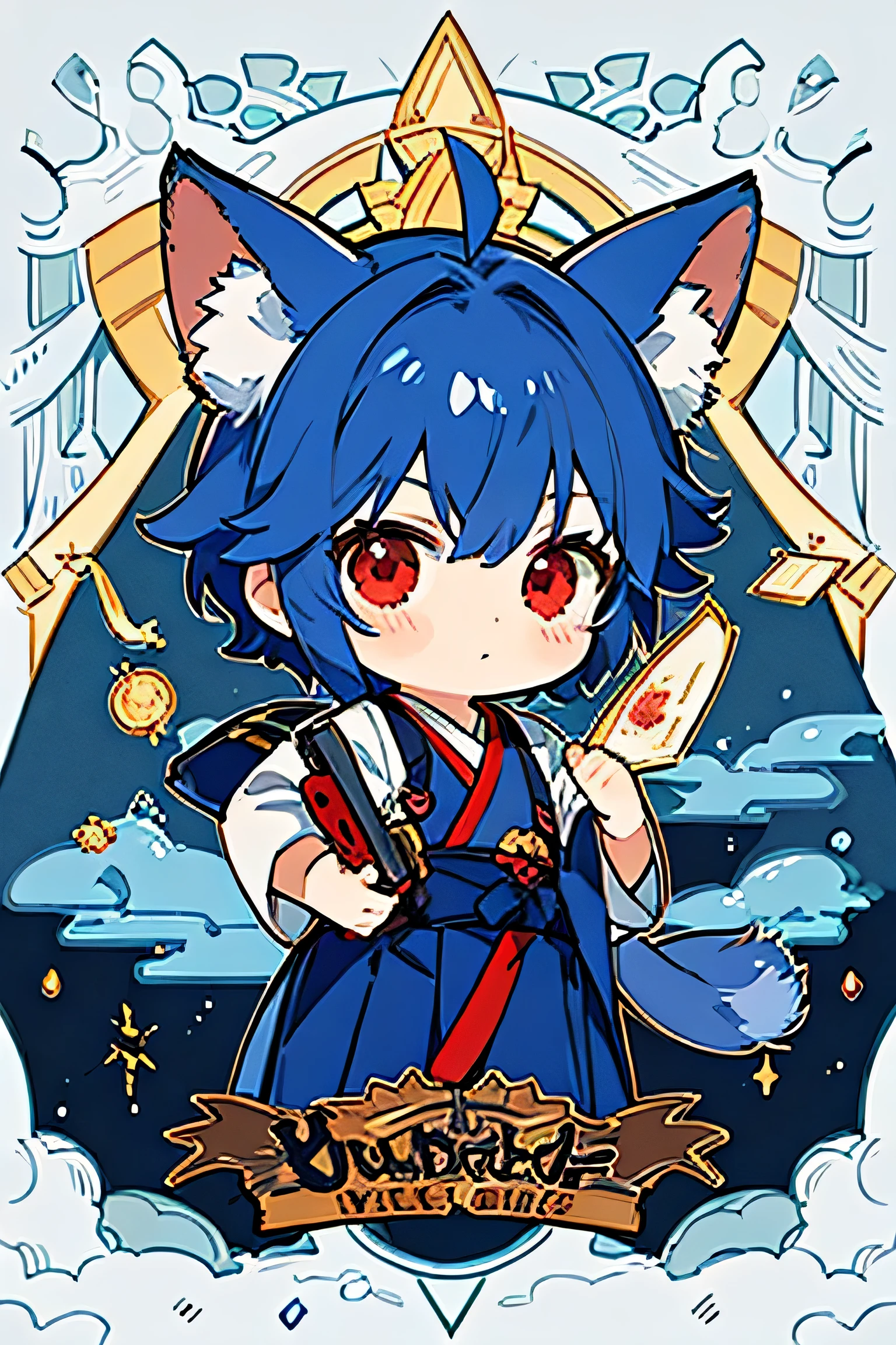 1 , chibi, Big head, Tiny, Medium blue hair, This depicts a fox disguised as a male, Wearing Japanese school uniform, There is a golden fox with red eyes in the background, twilight, deep sea, animal ears, dragon horn, cool, holding a gun, looking at the audience, masterpiece, best quality,