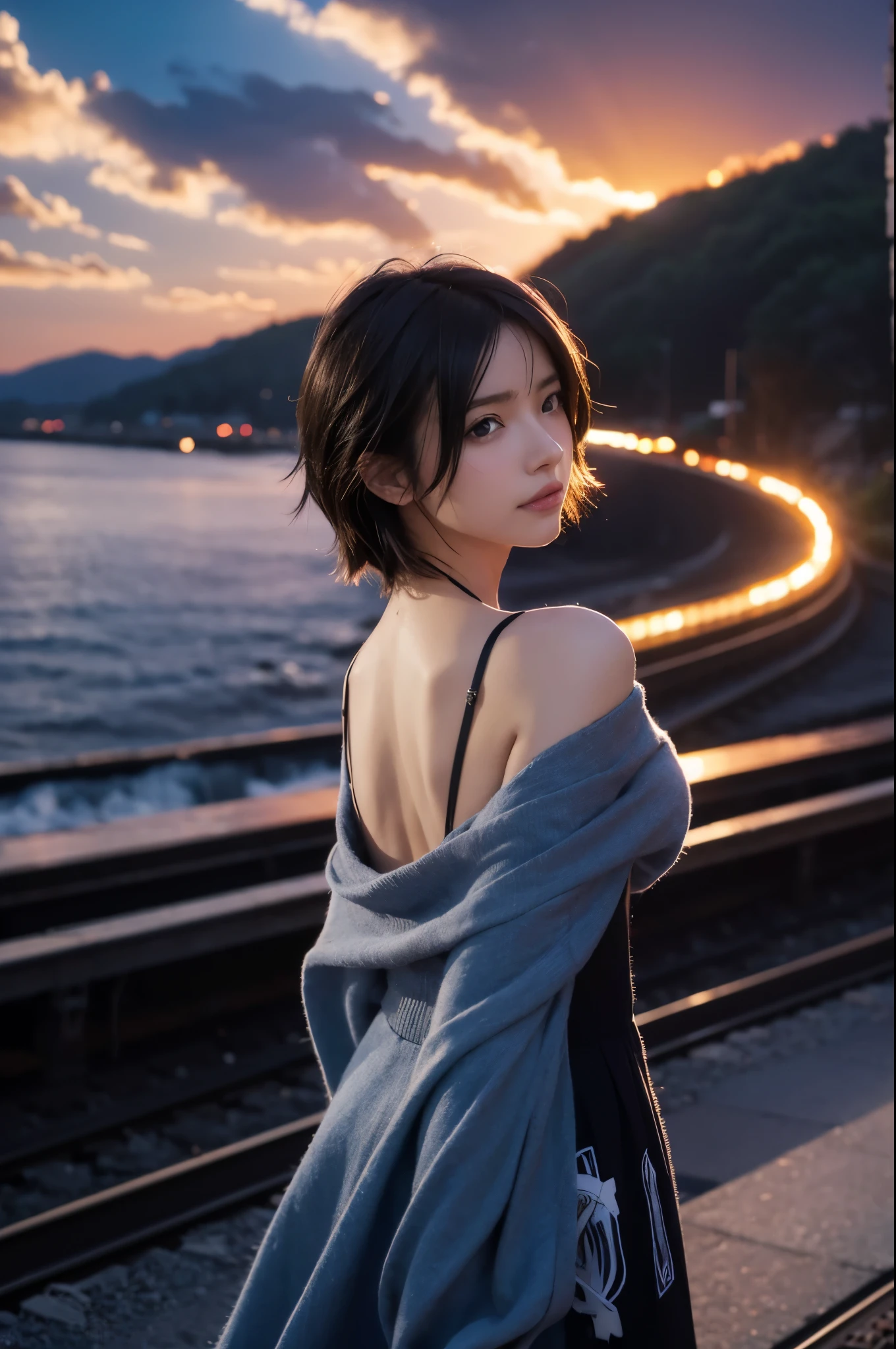Anime train on the tracks with sunset background, reflection. by makoto shinkai, beautiful anime scene, space sky. by makoto shinkai, 4K high-definition digital art, ( ( makoto shinkai ) ), makoto shinkai cyril rolando, inspired by Makoto Shinkai, Makoto Shinkai's style,back view of woman