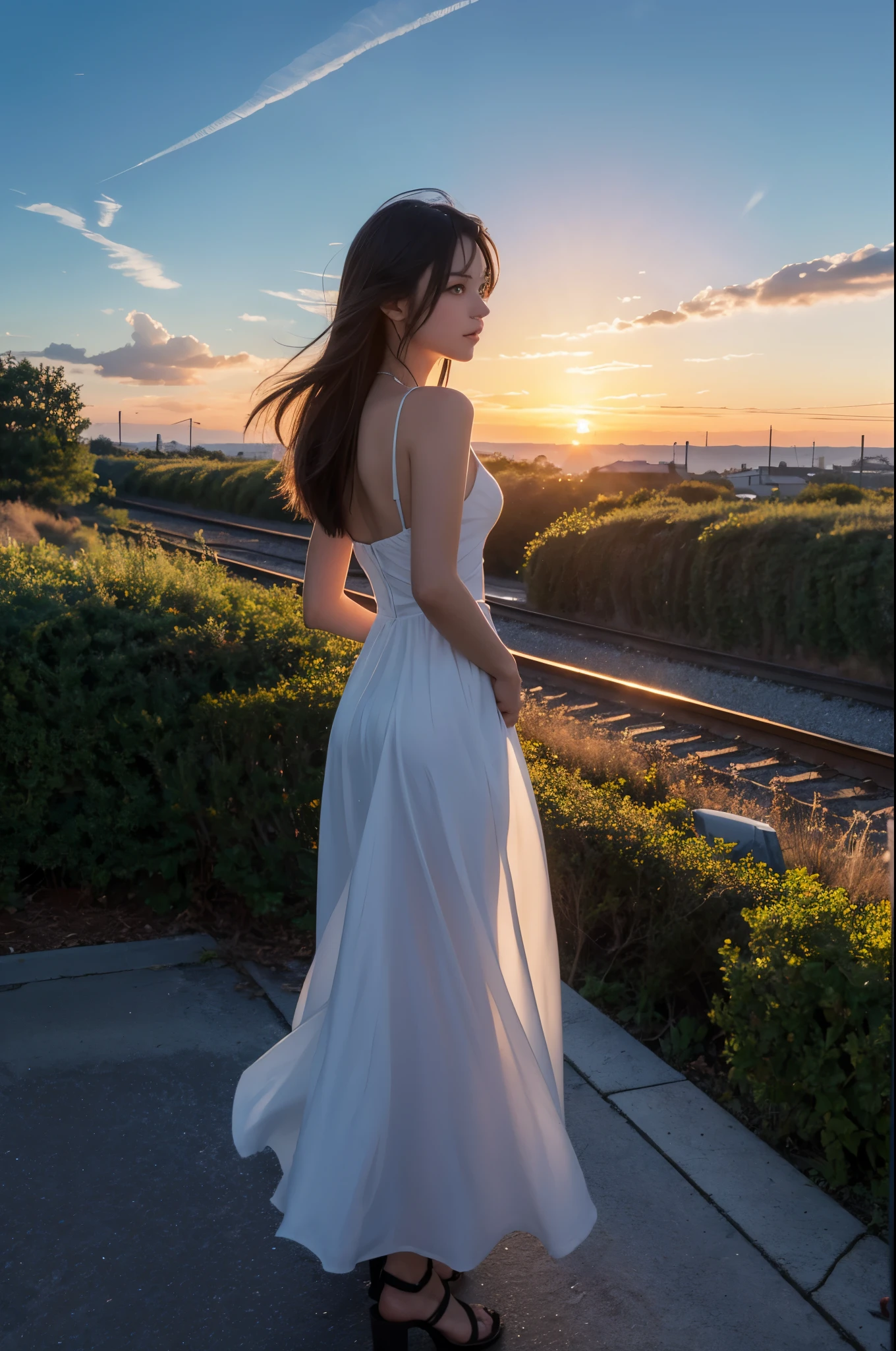 Anime train on the tracks with sunset background, reflection. by makoto shinkai, beautiful anime scene, space sky. by makoto shinkai, 4K high-definition digital art, ( ( makoto shinkai ) ), makoto shinkai cyril rolando, inspired by Makoto Shinkai, Makoto Shinkai's style,back view of woman