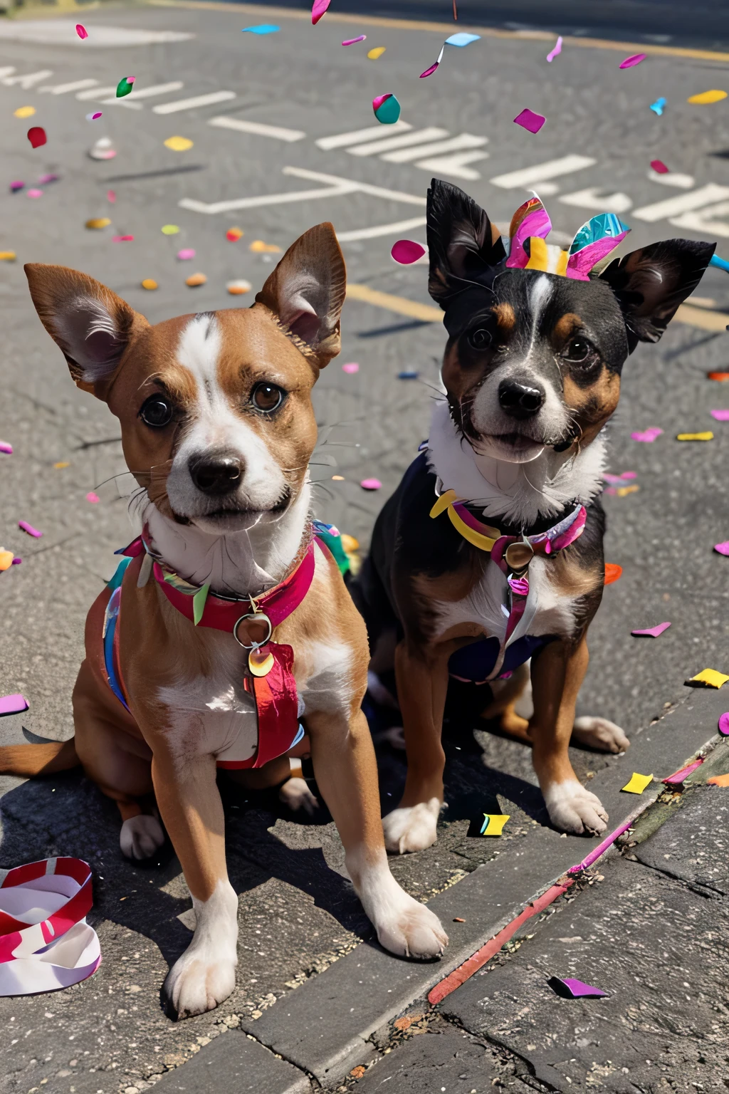 three  dogs dressed up for carnival, tied with their collars and their respective owners also dressed up, on the asphalt street, during the day, lots of confetti and streamers.