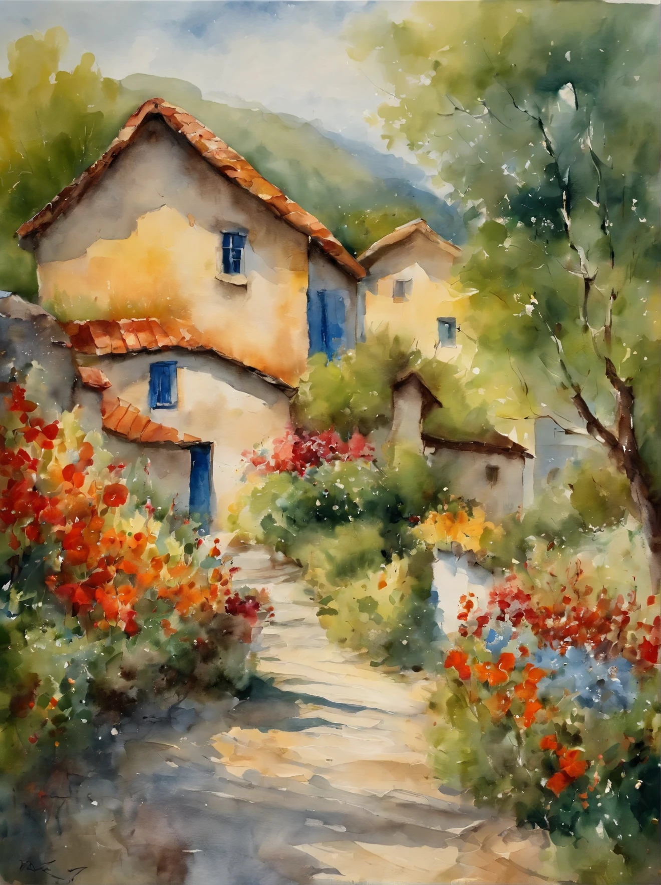 A mesmerizing 100% reverse watercolor This is a vibrant watercolor painting depicting a rural or countryside scene. The artwork is characterized by its fluid, loose brushstrokes and bright, expressive colors. In the foreground, there is a lush array of flowers with pink and red petals, interspersed with green foliage, which adds a sense of depth and liveliness to the scene.The middle ground shows a path or road leading towards a pair of houses. The houses have orange roofs and light-colored walls, possibly white or yellow, with blue shutters, suggesting a warm and sunny environment. The path appears to be bathed in sunlight, as indicated by the warm yellow tones.In the background, there are hints of trees and possibly a hill or mountain, painted in cooler blue and green hues, which contrast with the warmth of the rest of the painting. The sky is suggested with washes of blue and white, giving an impression of a clear day with some clouds.Overall, the painting evokes a sense of peaceful