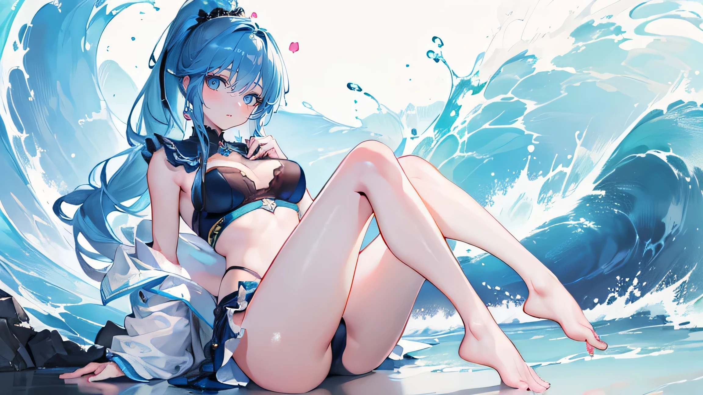 (Best quality, 4K, a high resolution, masterpiece: 1.2), (Heart: 1.2), ultra detailed, Realistic: 1.37, soft lighting, Beautiful detailed eyes and lips, One girl, blue hair with bangs, high ponytail, tired, bare legs, Abstract background, waves sea foam, magic