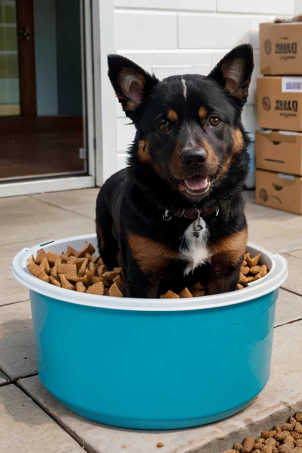 Describe a high-quality image of dog food, destacando a textura, cores, and product presentation. Include details about the environment around the feed, like the container in which it is stored, the presence of a happy, healthy dog near her, and any additional element that conveys the quality and appearance of the food. Be sure to emphasize the visual attractiveness and appetizingness of the dog food