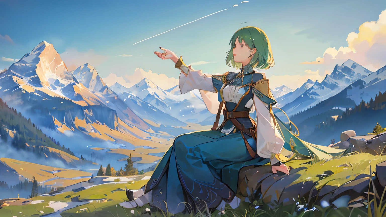 A woman in modern clothing with bob cut hair and green hair is looking up at the sky in the distance against a beautiful rocky mountain and blue sky.This is an Alphonse Mucha style scene where the scenery is the main focus.