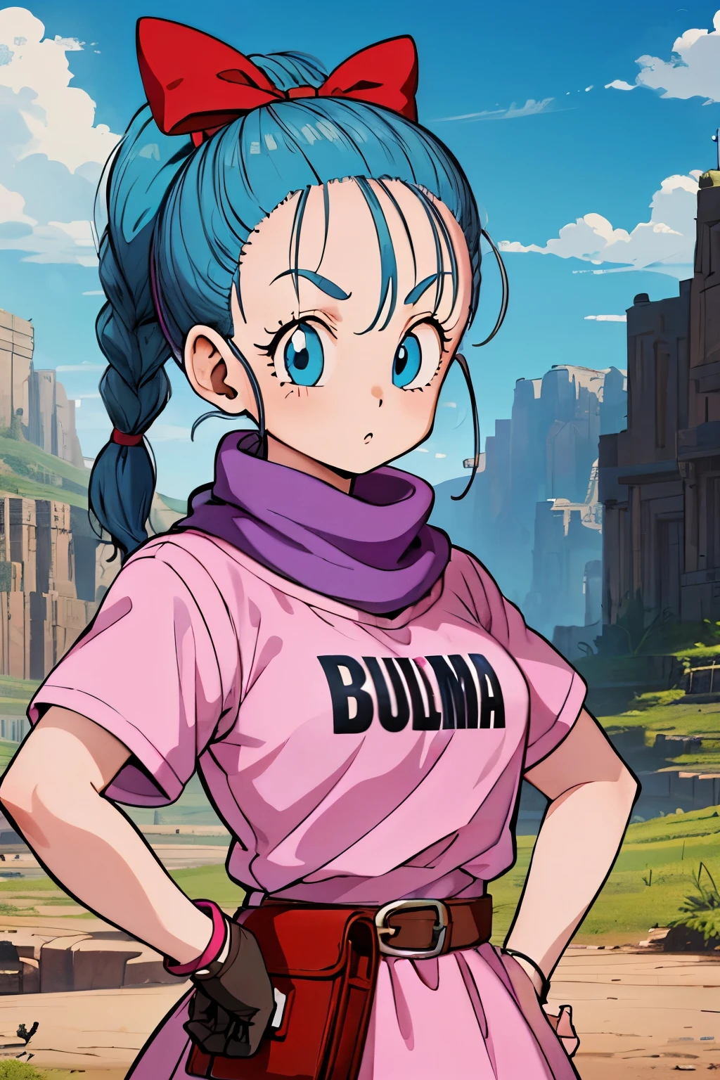 bulma \(dragonball\), 1girl, eyebrows, solo, holster looking at viewer, blue eyes, shirt, gloves, bow, ribbon, aqua hair, hair ribbon, braid, outdoors, sky, day, belt, cloud, bag, scarf, :o, character name, blue sky, hand on hip, single braid, cloudy sky, wristband, pink dress, clothes writing, brown gloves, single glove, pink shirt, hands on hips, watch, braided ponytail, mountain, wristwatch, purple scarf, fanny pack, short sleeves, upper body, eyelashes
