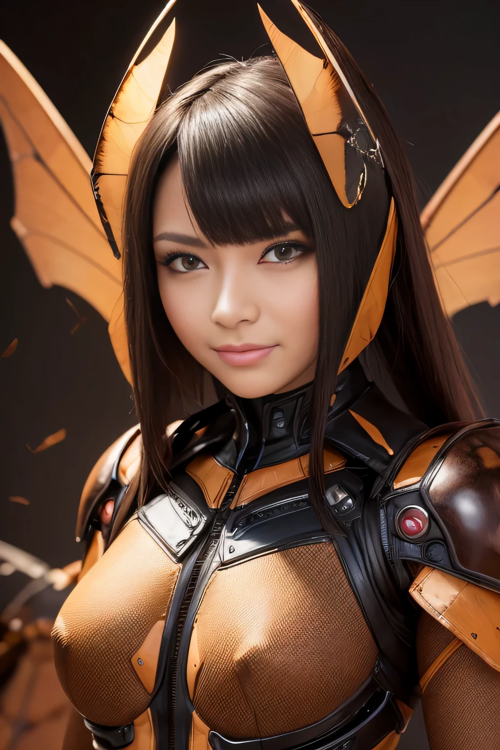 (High resolution,masterpiece,highest quality,Very detailed CG, anime, official art:1.4), realistic, photograph, amazing detail, all complicated, luster and luster,great many layers, 8k wallpaper, 3D, sketch, cute, figure,( alone:1.4), perfect female proportions,villain's daughter, (Fusion of dark brown cockroach and lady:1.4), (brown cockroach form lady:1.2), (brown cockroach woman:1.2), (Fusion:1.2), (alone:1.4), (evil smile:1.2), muscular, abs, (Cockroach brown exoskeleton bio insect suit:1.4), (Cockroach brown exoskeleton bio insect armor:1.2), (brown transparent cockroach feathers:1.4), (brown cockroach antenna:1.3),