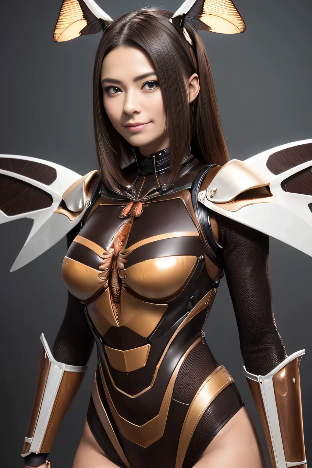 (High resolution,masterpiece,highest quality,Very detailed CG, anime, official art:1.4), realistic, photograph, amazing detail, all complicated, luster and luster,great many layers, 8k wallpaper, 3D, sketch, cute, figure,( alone:1.4), perfect female proportions,villain's daughter, (Fusion of dark brown cockroach and lady:1.4), (brown cockroach form lady:1.2), (brown cockroach woman:1.2), (Fusion:1.2), (alone:1.4), (evil smile:1.2), muscular, abs, (Cockroach brown exoskeleton bio insect suit:1.4), (Cockroach brown exoskeleton bio insect armor:1.2), (brown transparent cockroach feathers:1.4), (brown cockroach antenna:1.3),
