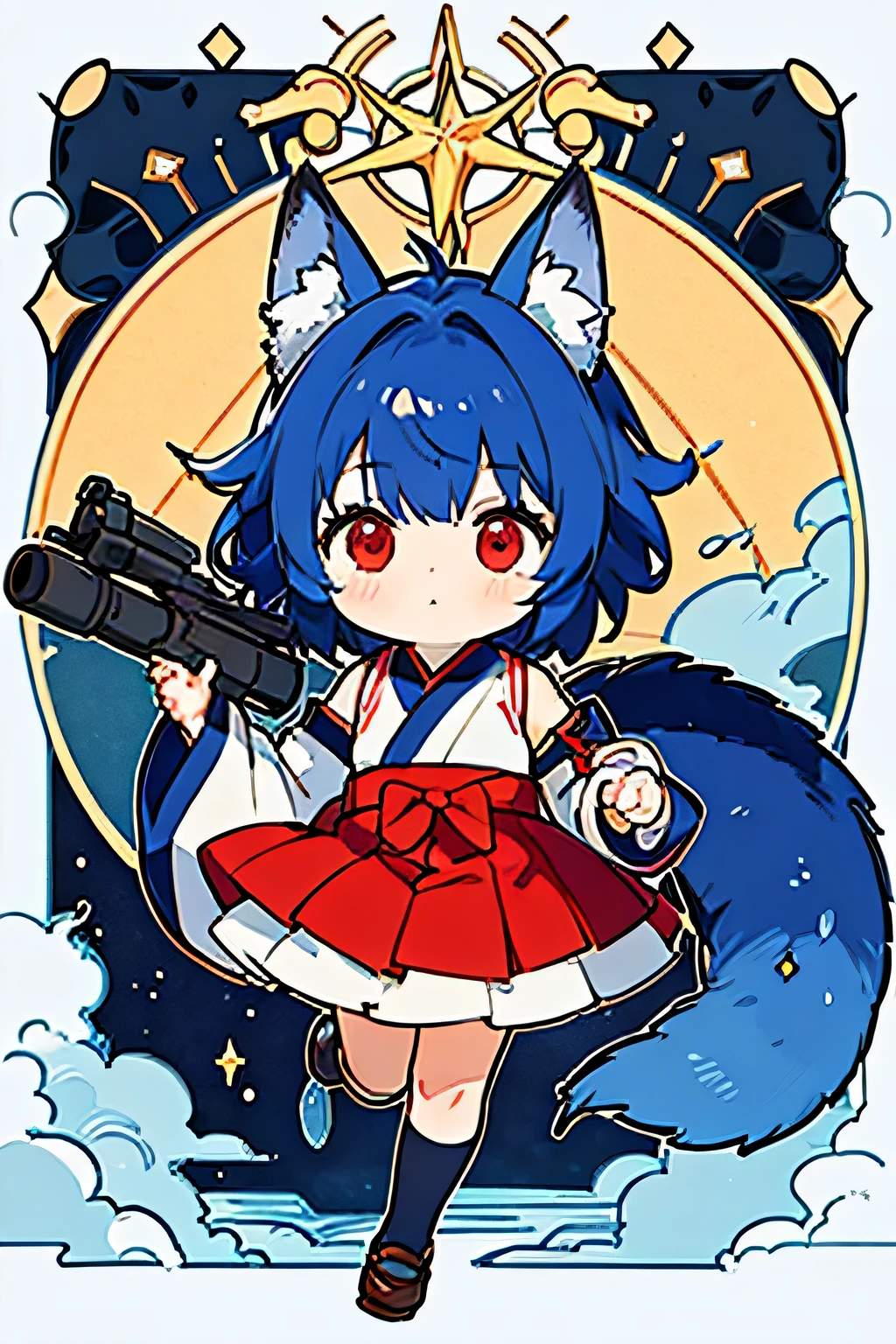 masterpiece, best quality, 1 Little boy, chibi, Big head, Tiny, Medium blue hair, This depicts a fox disguised as a woman, Wearing Japanese school uniform, There is a golden fox with red eyes in the background, twilight, deep sea, Detached sleeves, animal ears, dragon horn, cool, holding a gun, looking at the audience,