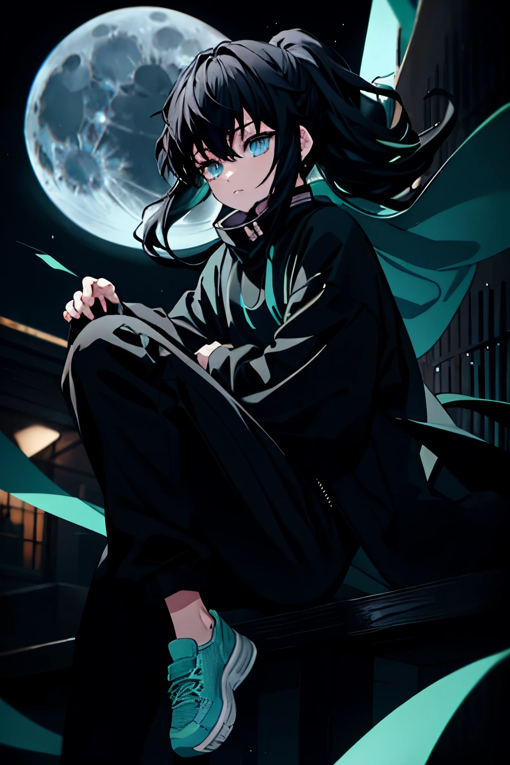 highest quality、best quality、Super detailed、perfect face、perfect human body、Enough 2 books、muste piece、Very delicate and detailed、1 boy、Long black hair、Hair up to the waist、The hair is mint green、light blue eyes、detailed face、Detailed eyes、pupil focus、Wearing a big black hoodie、black pants、sneakers、moon in background、night、detailed background