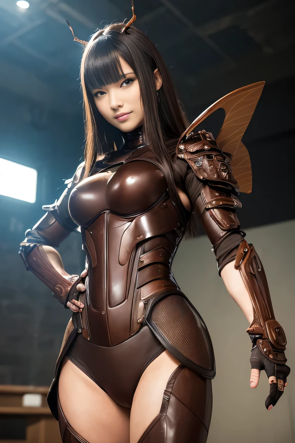 (high resolution,masterpiece,best quality,extremely detailed CG, anime, official art:1.4), realistic, photo, amazing fine details, all intricate, gloss and shiny,awesome many layers, 8k wall paper, 3d, sketch, kawaii, illustration,( solo:1.4), perfect female proportion,villainess, (fusion of dark brown cockroach and lady:1.4), (brown cockroach form lady:1.2), (brown cockroach lady:1.2), (fusion:1.2), (solo:1.4), (evil smile:1.2), muscular, abs, (cockroach brown exoskeleton bio insect suit:1.4), (cockroach brown exoskeleton bio insect armor:1.2), (brown transparency cockroach wing:1.4), (brown cockroach antennae:1.3),