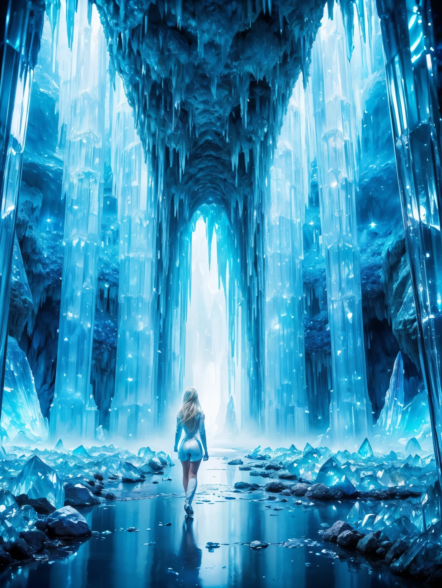 (masterpiece), (best quality), extremely delicate and beautiful, illustration, (fantasy landscape), A mesmerizing fantasy landscape with enchanting elements blending seamlessly. (A gorgeous European woman, age 23, blonde hair, dressed like a futuristic explorer, white leather jumpsuit, ((walking in a Majestic crystal cave mine)), adorned with vibrant blue hue glow reflecting off the surroundings. A sense of tranquility and wonder fills the air, inviting exploration and discovery, depth of field, HDR.