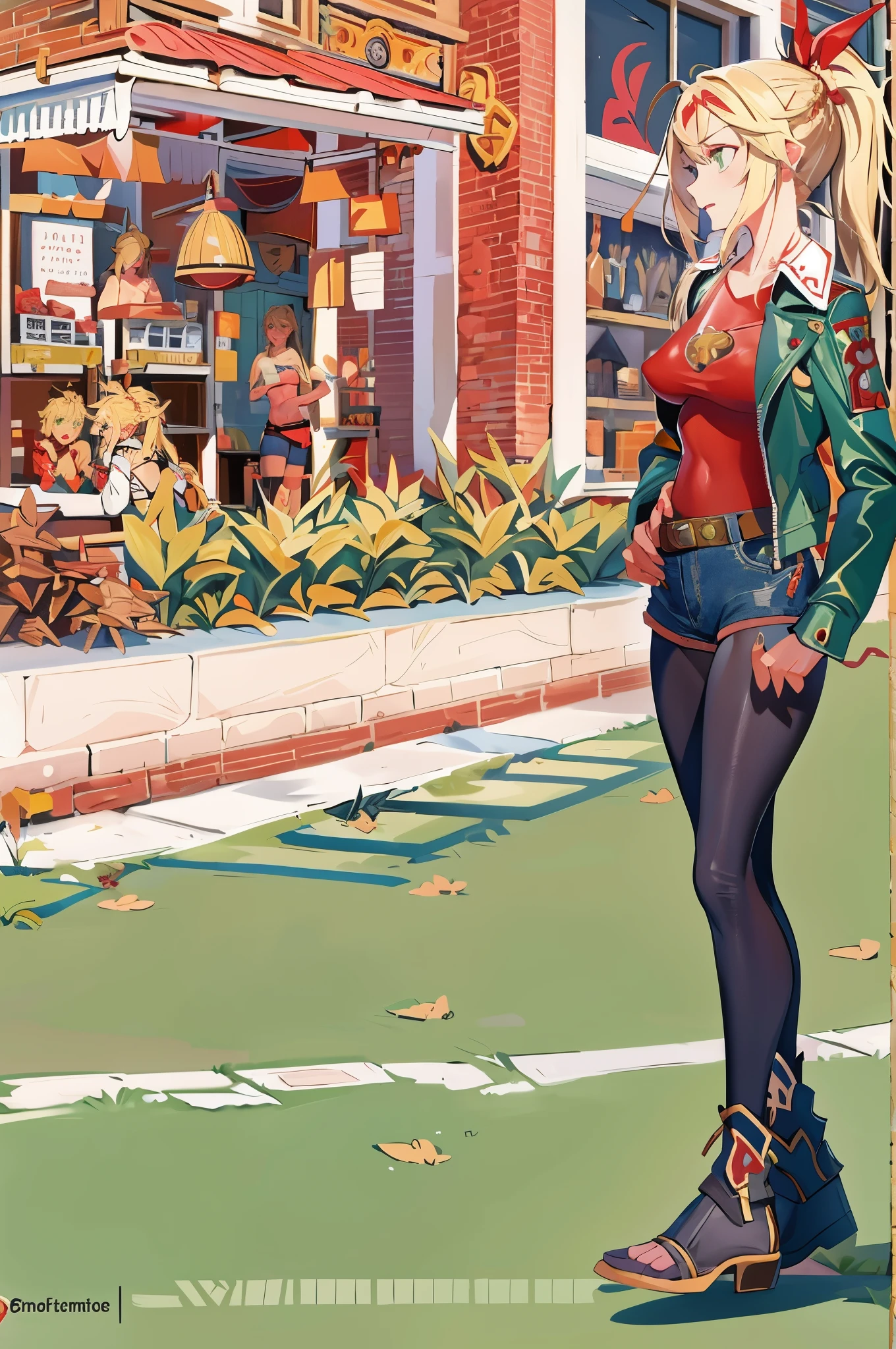 masterpiece, best quality, illustration, city street, 1girl, mordred \(fate\), cowboy shot, skinny, collarbone, detailed blonde hair ponytail braid, green eyes, red leather jacket, white crop top, denim shorts, NSFW