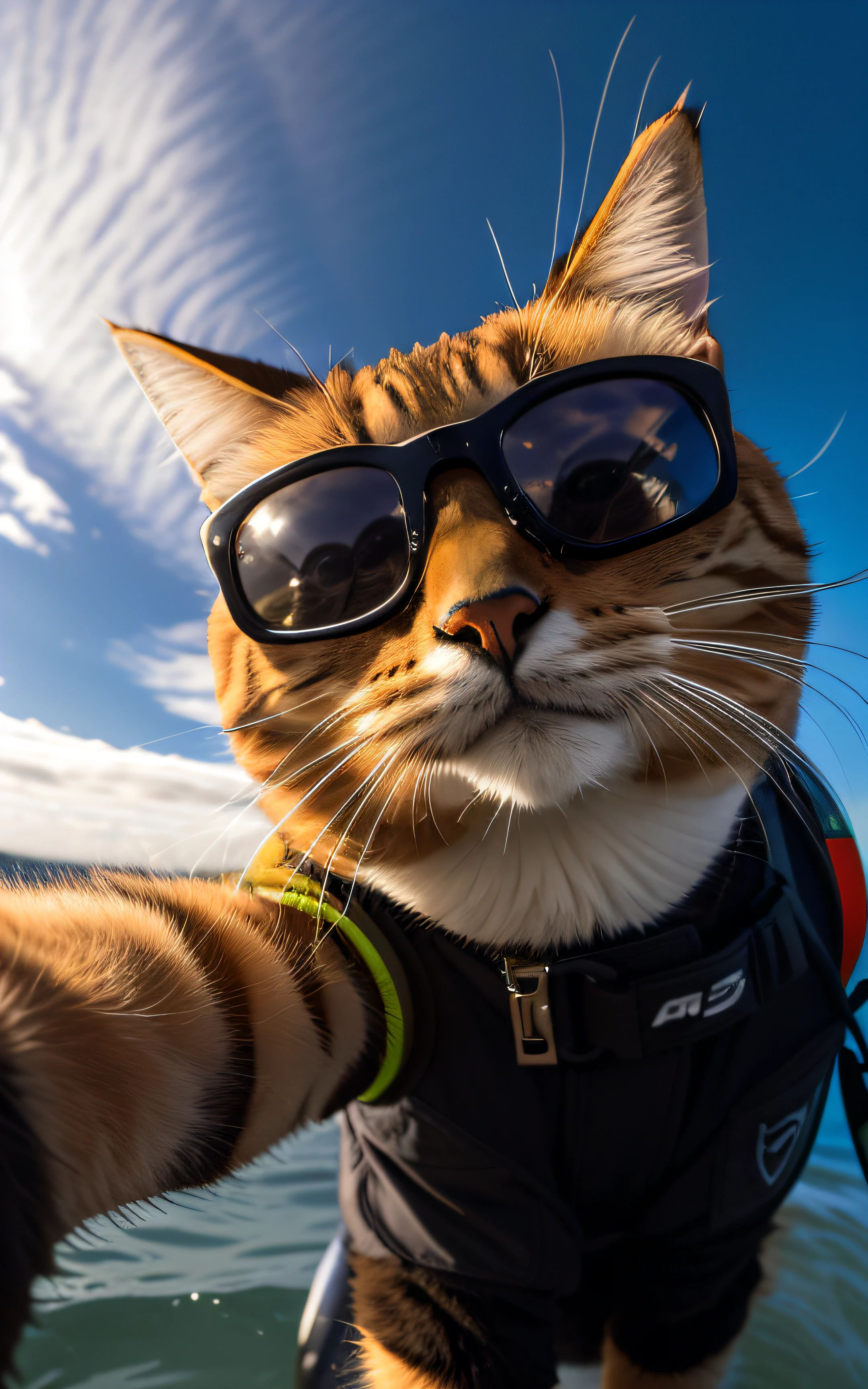 Araffe cat wearing sunglasses and a life jacket on a surfboard, black cat tirando uma selfie, awesome cat, tirando uma selfie, accidentally tirando uma selfie, foto de gatography, foto de gato, pata pov, foto de um gato, selfie acidental, Looking at the camera, waving at the camera, foto selfie, Looking at the camera, towards the camera --auto