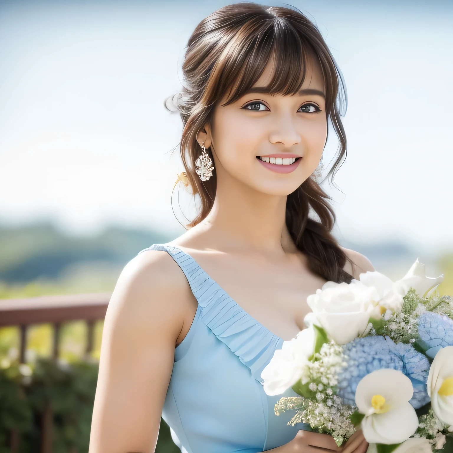 Medium view, medium shot, Depth of bounds written, bust, Upper body, cinematic angle, masterpiece, highest quality, Super detailed, cg, 8k wallpaper, beautiful face, delicate eyes, maiden, alone, smile, bangs, skirt, shirt, have, sky blue color dress, bow, petal, bouquet, indian 23 year old women, beautiful, smile, cute, realistic
