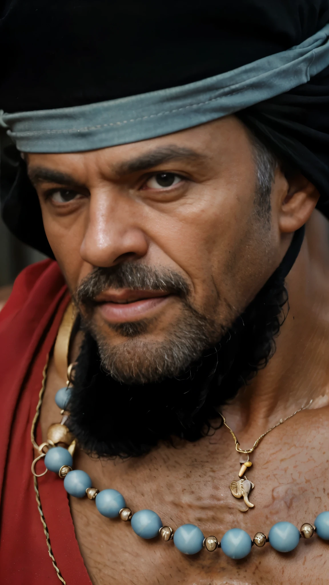 (masterpiece), (realistic), (ultra detailed), ( high reest quality), (photorealistic), (perfect face), (perfect anatomy), (((old man))), (((male))), (((fat))), solo, (((negro))), (((45 years old))), Marshall D. Teach from one piece, Marshall D. Teach, one piece, wearing a black bandana with a light blue bandana tie, long curly hair, wearing a black robe, black beard, wearing a necklace accessory, (((His mouth was wide open)))