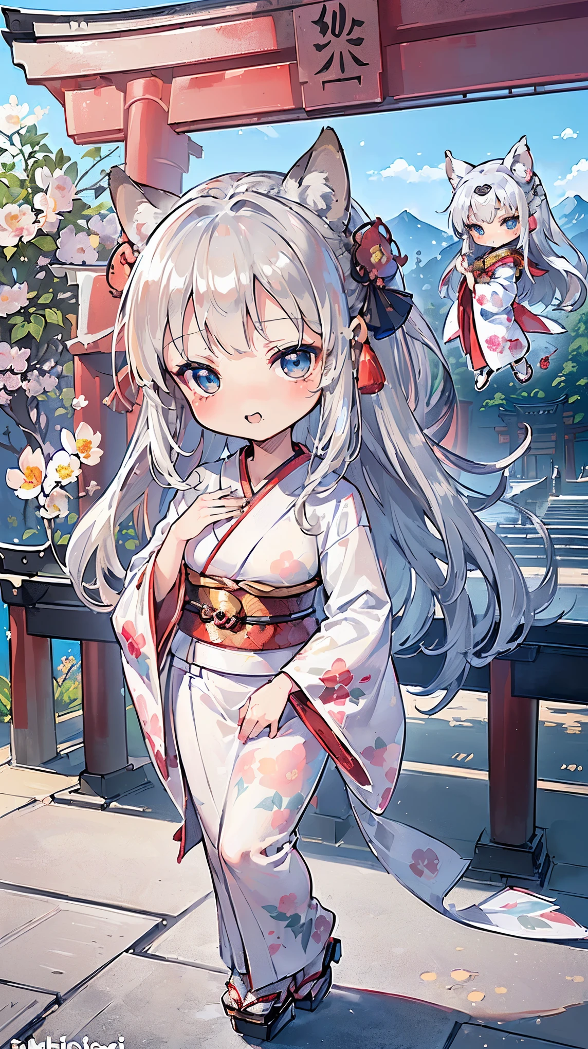 (((Masterpiece))), (((Highest quality))), ((Ultra-detailed)), ((Super fine illustration)), ((Ultra-fine painting)), (16K highest quality wallpaper:1.4), ((Chibi:2.0)), (Full body:1.6), HDR, (Highly detailed and delicate illustration style:1.8), Detailed skin texture, Detailed cloth texture, Extreme detailed description, (T-masterpiece), (Highly detailed face:1.2), (Highly detailed silver fox ears:1.2), (Highly detailed shiny silver half updo:1.2), (Highly detailed clear eyes:1.2), Original, RAW photo, Professional, Intricate details, Super details, Direct light:1.6, (Perfect anatomy:1.4), (Highly detailed hands:1.2), (Highly detailed fingers:1.2), (Highly detailed fingertips:1.2), (-yeld), R, (Solo:1.8), (A very beautiful and cute silver fox girl who is an idol and wears a bright red long-sleeved kimono with a floral pattern:1.4) BRAKE (Beautiful and adorable silver fox ears:1.8), (Highly detailed and delicate silver fox ears:1.4), (Beautiful and well-shaped big breasts), (Beautiful and well-shaped buttocks), (Beautiful and shiny silver half updo:1.6), (Highly detailed and delicate silver half updo:1.2), (Beautiful clear blue eyes that shine with great detail:1.6), (Highly detailed and delicate blue eyes:1.2), (Highly detailed face:1.4), (Smile:1.3), (Blush:1.4), (Looking at viewer:1.4), (Celebration:1.4), Very detailed, beautiful and perfect hands:1.4, Very detailed, beautiful and perfect fingers:1.4, Very detailed, beautiful and perfect fingertips:1.4 BRAKE (Bright red long-sleeved kimono with floral pattern:1.4), (Japanese traditional costume:1.2) BRAKE (Concept art:1.2), (Detailed fantasy art:1.2) BRAKE (Just after noon:1.4), (Very detailed and beautiful Ise Grand Shrine in Mie Prefecture just after noon in the background:1.6), (Standing in front of the torii gate:1.4), (Celebration:1.4), Ise Grand Shrine:1.4, Torii gate of Ise Shrine:1.4, Very beautiful in the sunny sky background just after noon:1.4 BRAKE