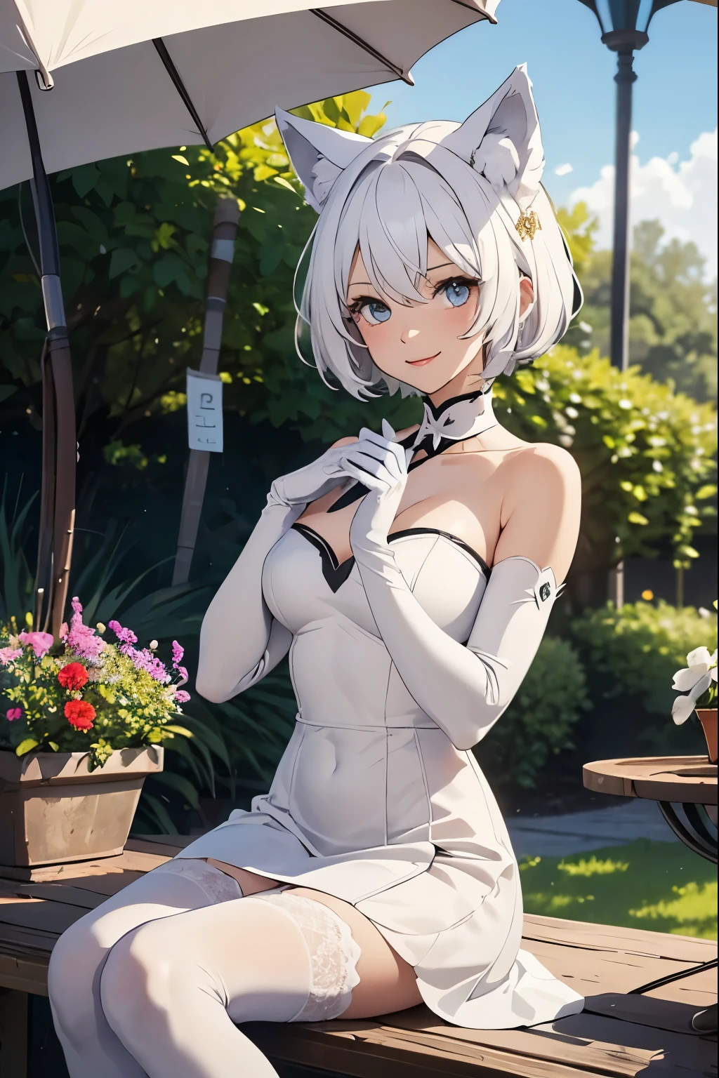 table top best image quality Super vivid portrait one woman((adult)) Portrait white long gloves white stockings white dress(Tube top) exy smile Holding a parasol The hair(hair(short-hair)(Wave) White hair eye color is blue wolf ears background(garden)