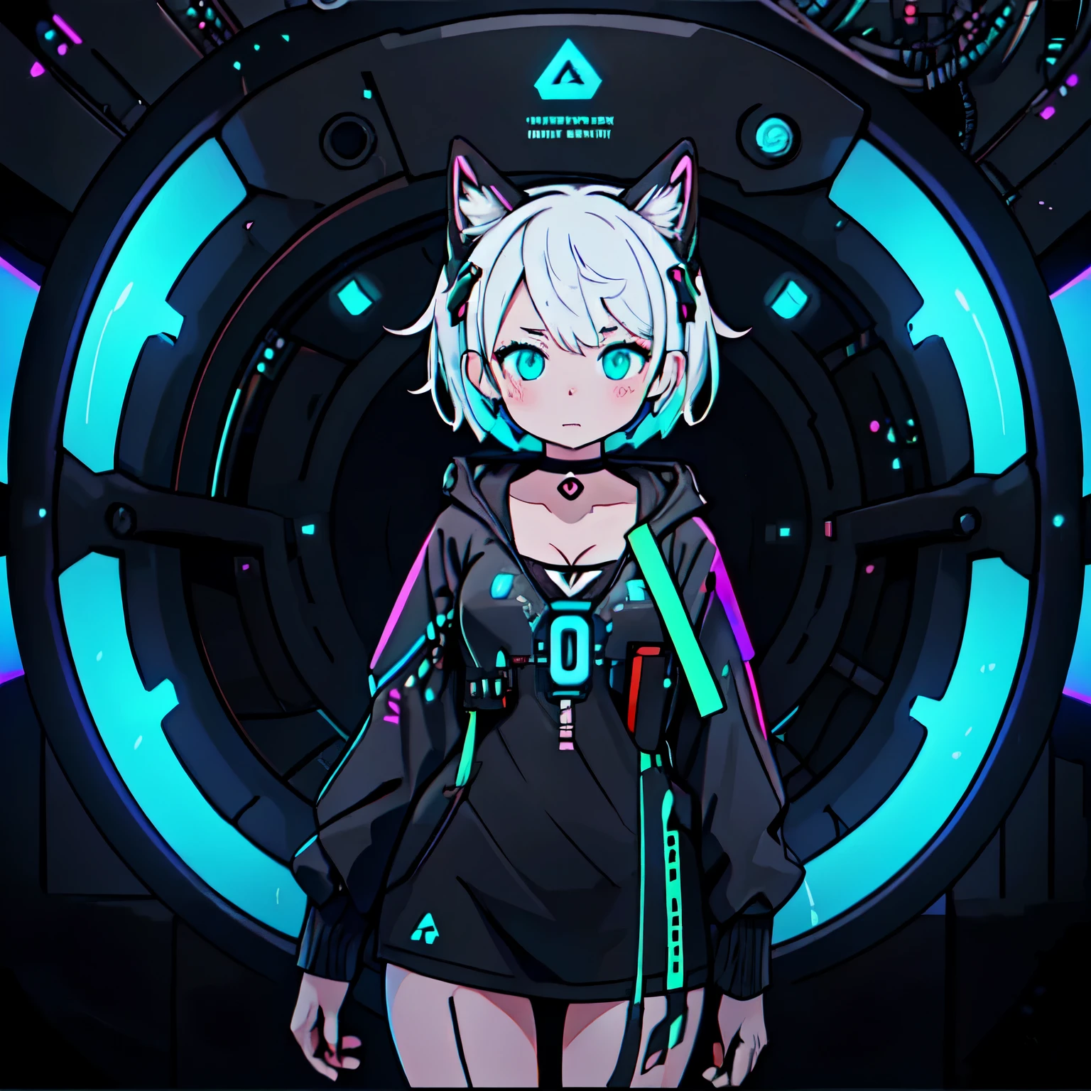asterpiece, intrincate, full doby, 1girl, :3, cat_ears, bangs, black_background, black_jacket, blush, binary codes, cat features, choker, cleavage, closed_mouth, collarbone, eyebrows_visible_through_hair, green_eyes, hair_between_eyes, white_hair, silver_hair, short_hair, letterboxed, looking_at_viewer, medium_breasts, sarashi, virtual_youtuber, wears techwear clothes, detailed, 4K, HDR, hight_contrast, hologram FX, cyberpunk, neon FX, electronic, mecanincs, wires, microchips