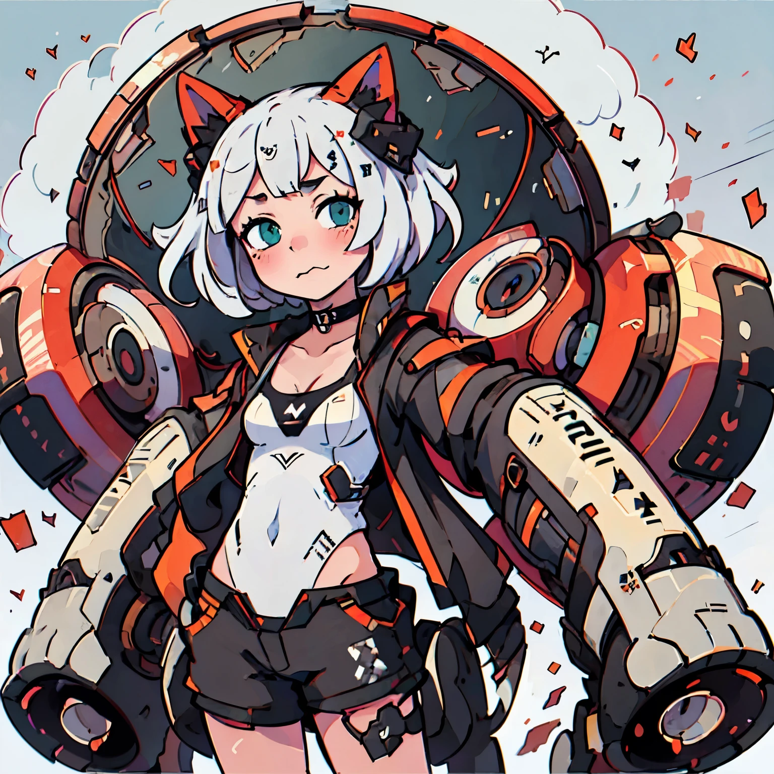 asterpiece, intrincate, full doby, 1girl, :3, cat_ears, bangs, black_background, black_jacket, blush, binary codes, cat features, choker, cleavage, closed_mouth, collarbone, eyebrows_visible_through_hair, green_eyes, hair_between_eyes, white_hair, silver_hair, short_hair, letterboxed, looking_at_viewer, medium_breasts, sarashi, virtual_youtuber, wears techwear clothes, detailed, 4K, HDR, hight_contrast, hologram FX, cyberpunk, neon FX, electronic, mecanincs, wires, microchips
