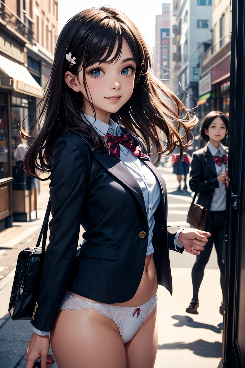 very cute and beautiful girl,(highly detailed beautiful face and eyes:1.2),
(blue blazer school uniform, pleated kirt fluttered in wind,white panties),standing in front of cake shop show window,
(smile:1.2),happy,cowboy shot,holding school bag,hair pin,black hair,downtown street,
(best quality,masterpiece:1.2),absurdres,highres,ultra-detailed,extremely detailed,32k,8k resolution,
intricate details,cinematic scene,detailed background,solo,dynamic angle,hair fluttering in the wind,