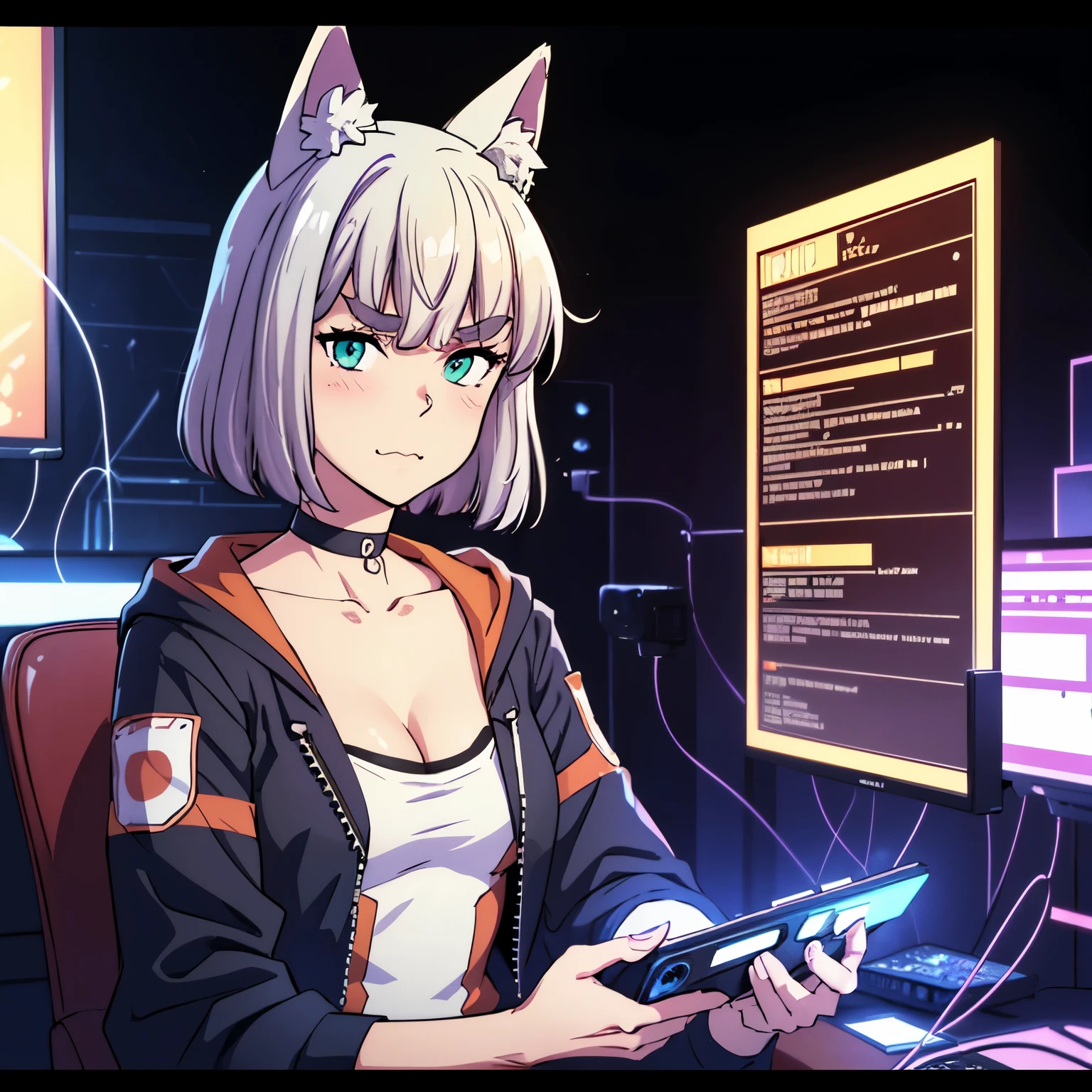 masterpiece, intrincate, full doby, 1girl, :3, cat_ears, bangs, black_background, black_jacket, blush, binary codes, cat features, choker, cleavage, collarbone, eyebrows_visible_through_hair, green_eyes, hair_between_eyes, white_hair, silver_hair, short_hair, letterboxed, looking_at_viewer, medium_breasts, sarashi, virtual_youtuber, wears techwear clothes, detailed, 4K, HDR, hight_contrast, hologram FX, cyberpunk, neon FX, electronic, mecanincs, wires, microchips
