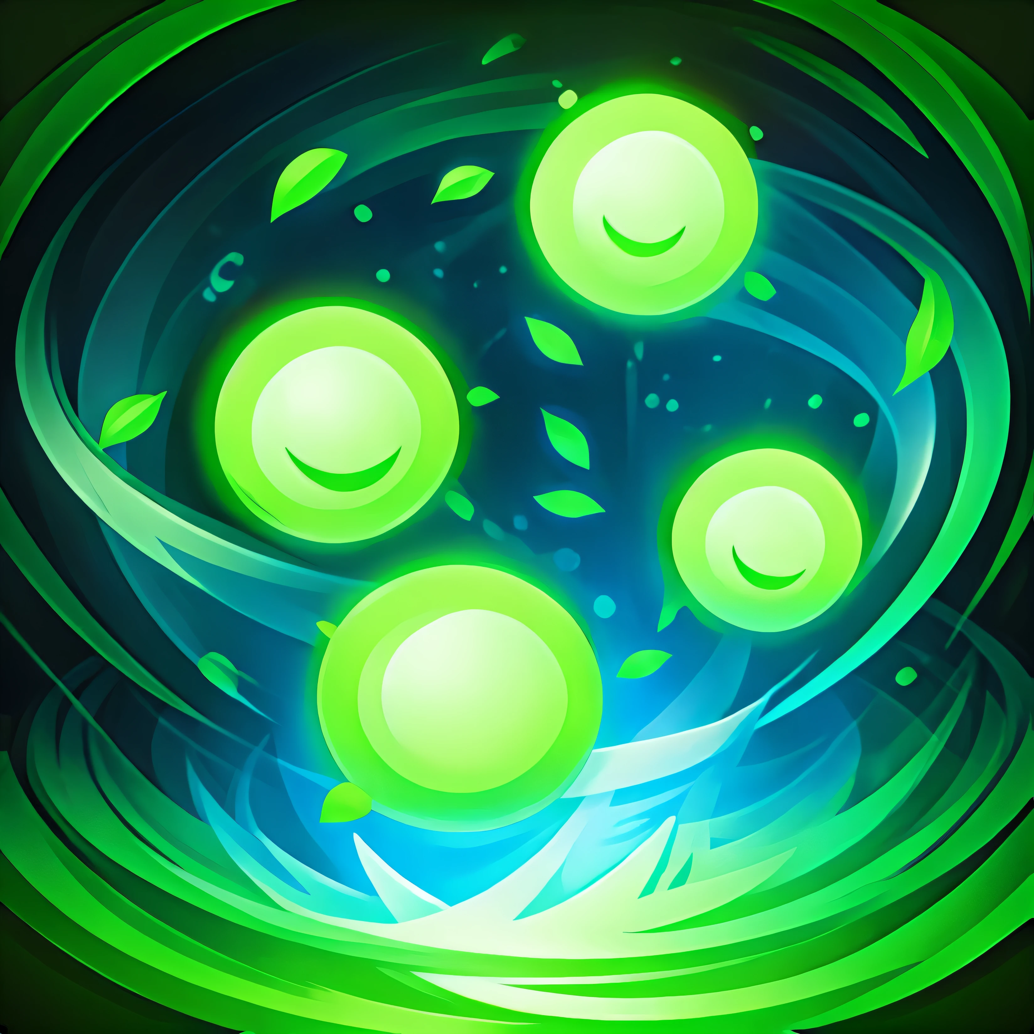 Floating feathers, green background, radiant light, light dots, soul, magic，Skill icon，Skill icon，green background，Blue-green light，Floating feathers, Light effect，