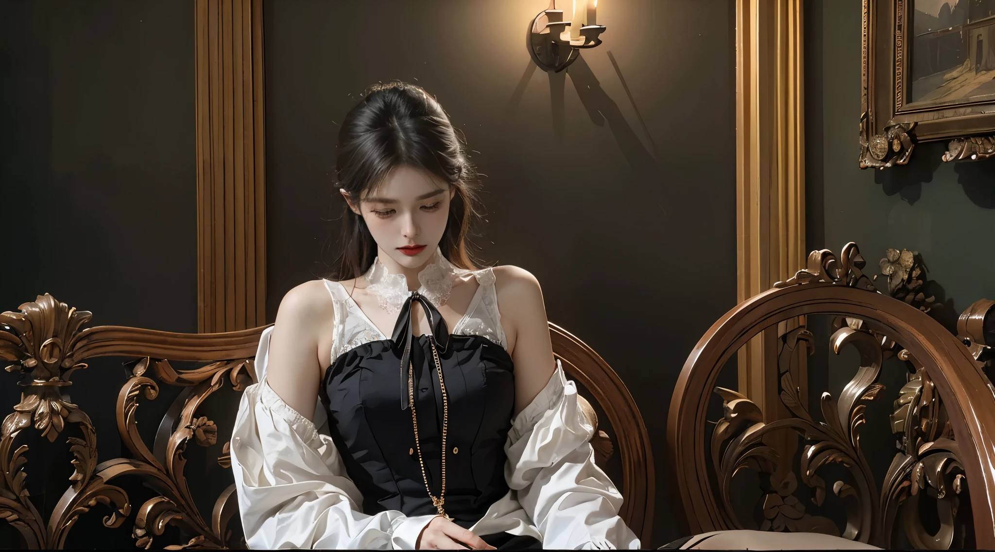 官方Art, unified 8k wallpaper, Super detailed, beautiful, beautiful, masterpiece, best quality, dark, Atmospheric, mystery, Romantic, crawl, literature, Art, Fashion, victorian era, decorate, complex, ironwork, lace, Brooding, emotional depth, supranatural, 1 girl, alone, neck, bust composition