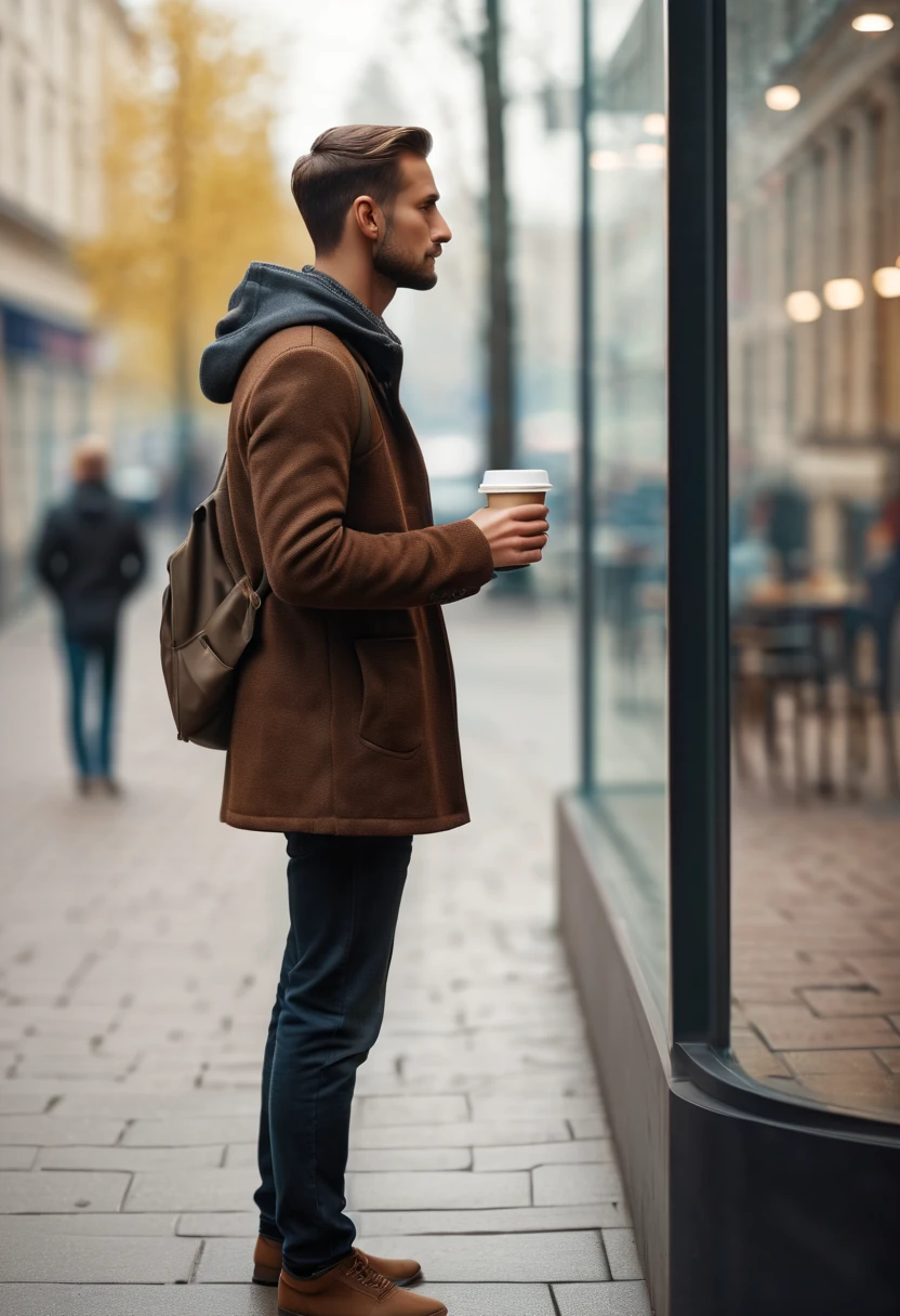 man standing on sidewalk.Standing against the glass showcase.holding a cup of coffee in hand,Looking into the distance.seems to be waiting...Background street.bokeh effect.. .(best quality,4K,8k,high resolution,masterpiece:1.2),super detailed,(actual,photoactual,photo-actual:1.37),.