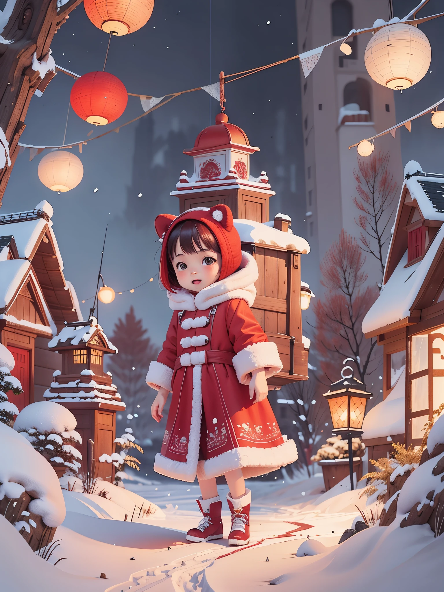 big red lantern,festive atmosphere,winter background,snow,fireworks,Warm and joyful atmosphere, digital illustration, Illustration poster, , , digital illustration , Chinese style, , exciting illustration,