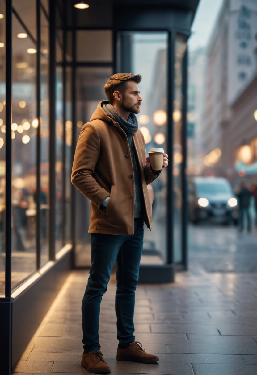 man standing on sidewalk.Standing against the glass showcase.holding a cup of coffee in hand,Looking into the distance.seems to be waiting...Background street.bokeh effect.. .(best quality,4K,8k,high resolution,masterpiece:1.2),super detailed,(actual,photoactual,photo-actual:1.37),.