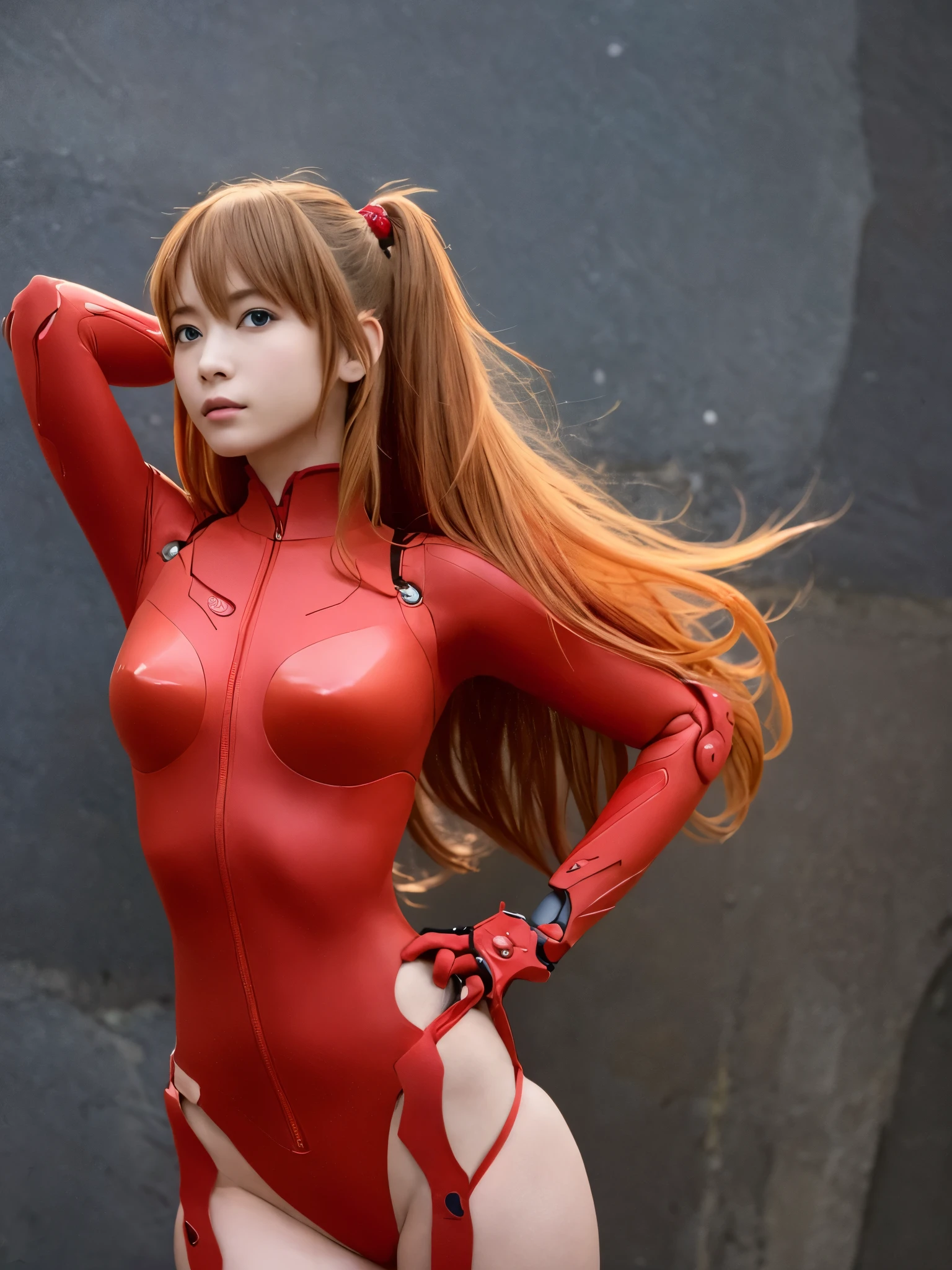 (biomechanics , , seductive girl,)、Soryu Asuka Langley, (pieces fly, highest quality, become familiar with), 1 girl, alone, arm behind head, cowboy shot, interface headset, red bodysuit, background、Woman in seductive pose、