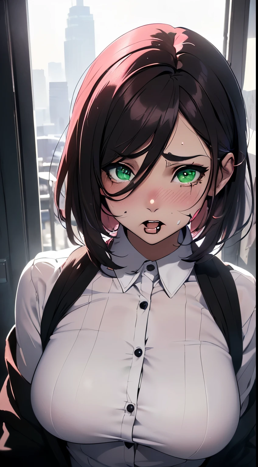 (Riko Amanai), (obra maestra, La mejor calidad, arte hermoso:1.4) ((anime girl)), Ciudad japonesa, arte digital, tendencias en Artstation, 4k, High detail, high resolusion, Pintura profesional, Ultra-detalle, HDR, 4K UHD, 8k, Motor Unreal 5, Kinematic, neon highlights, volumetric illumination, sombras realistas, Reflexiones, Motor Unreal 5, cinematic wallpaper, 8k, NSFW, ((Green eyes with fluoride)), pechos grandes, pechos esponjosos, Thicc, piel bronceada, ((ojos llorosos, ojos con lagrimas)), (((cara de orgasmo))), ((ropa: camisa blanca abierta:1.4)), ((sosten de encaje rosado:1.4)), (Cara perfecta:1.5), (Labios perfectos:1.4), (Thicc:1.2), nsfw, (gothic girl:1.3)