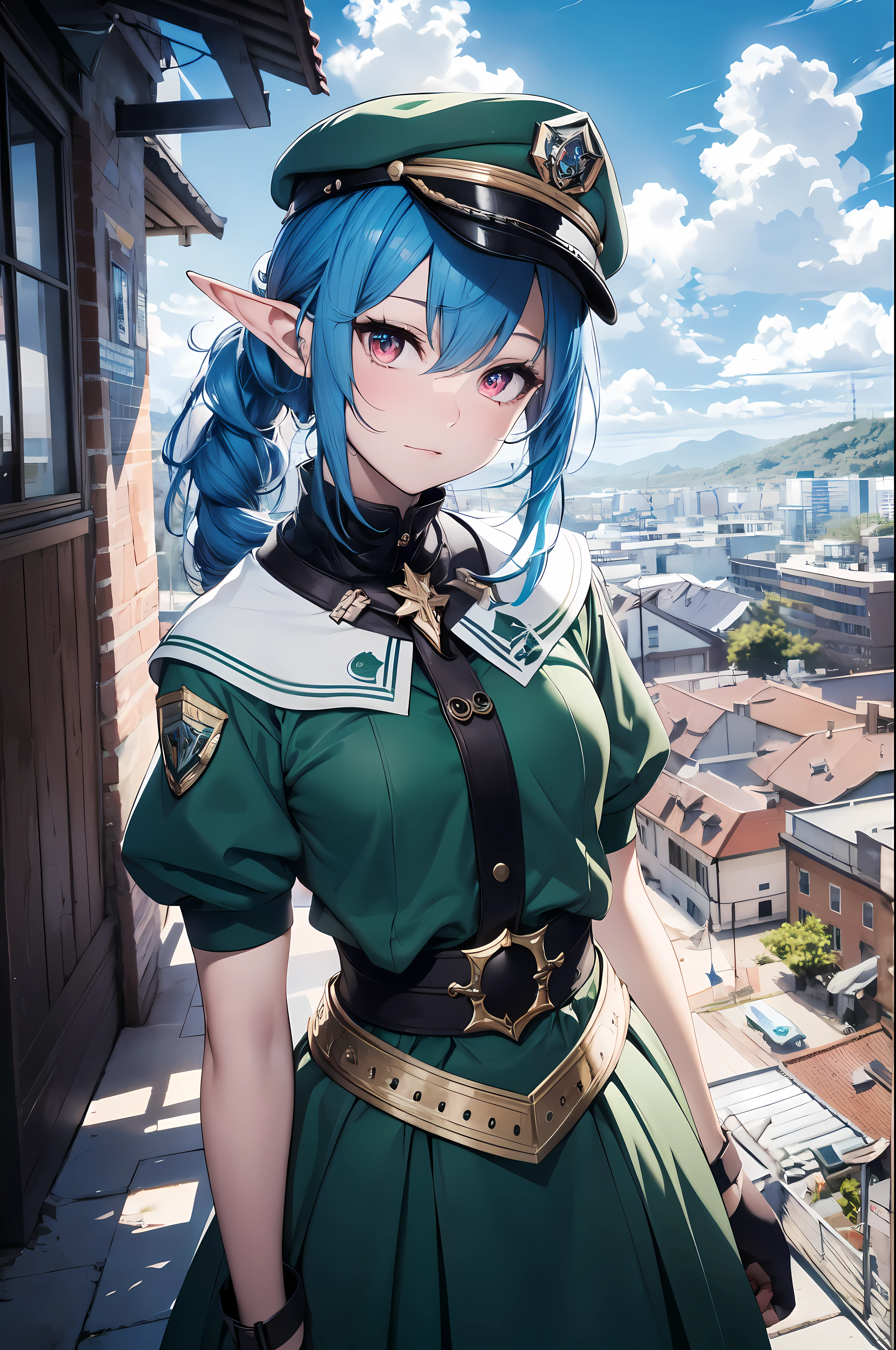 detailed, (masterpiece:1.2), (pale_skin:1.2), (solo:1.2), (female), slender, (blue hair), outdoors, headtilt, red eyes, ponytail, bangs, elf_ears, (green_police_hat:1.3), green skirts, hilltop, hill