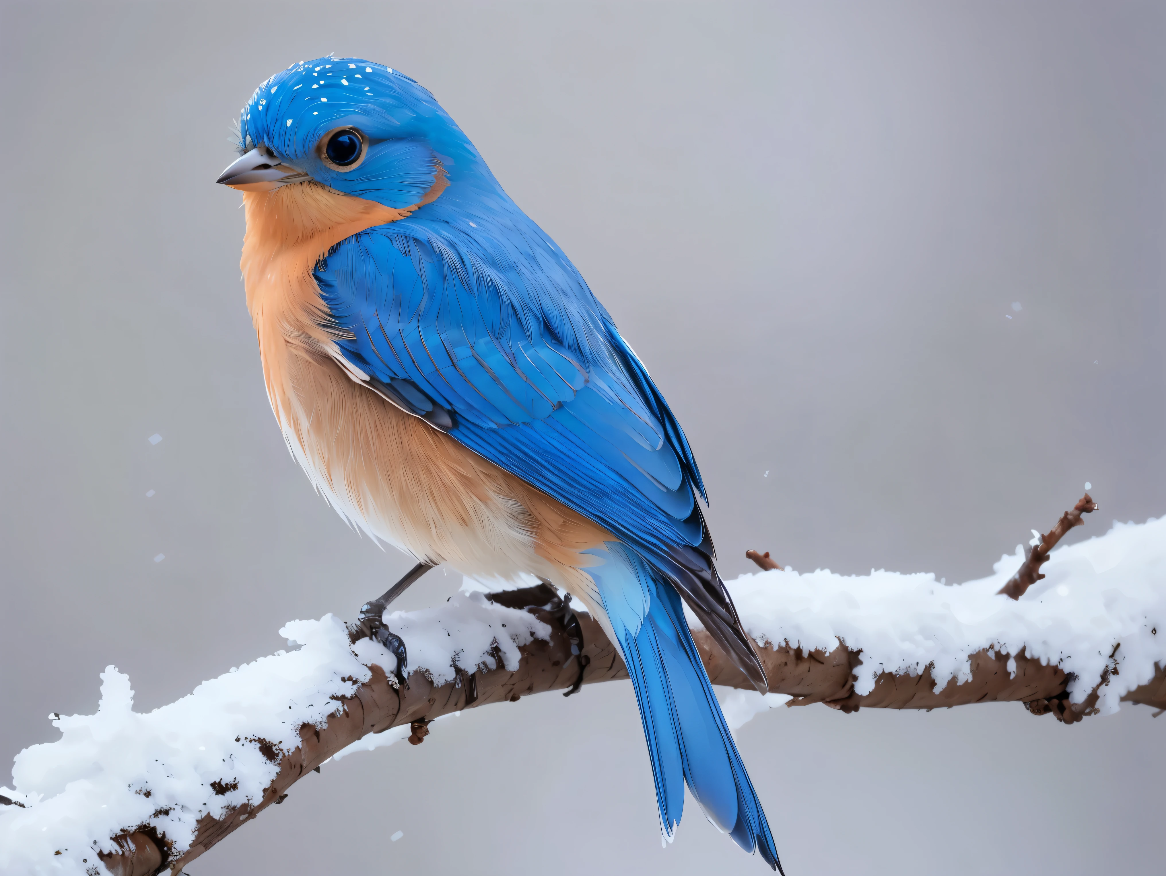 masterpiece, absurdres , (intricate details), (colorful),cinematic lighting,extremely detailed, unity 8k wallpaper, cute young bird, eastern bluebird, resting on a branch, winter, snow