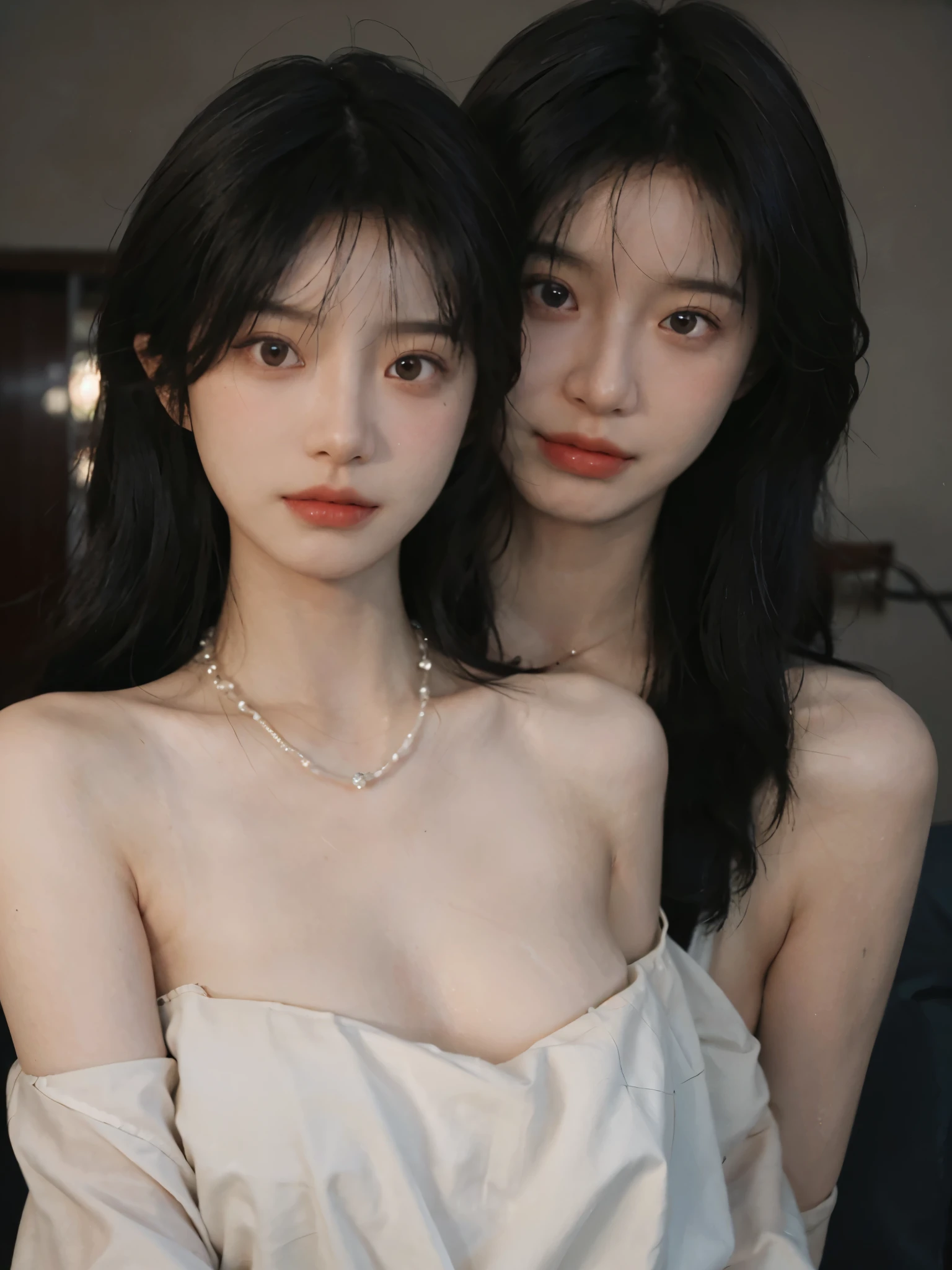 Film portrait photography, 2 girls, twin,2 girls,bare shoulders, Shoulder length wavy hair,necklace,Acting cute, serene, calm, (Realistic and detailed eyes, natural skin texture, Realistic facial details), Soft dramatic lighting, depth of field, Bokeh, Vibrant details, Detailed and detailed, surreal, 35mm film, hazy, ,