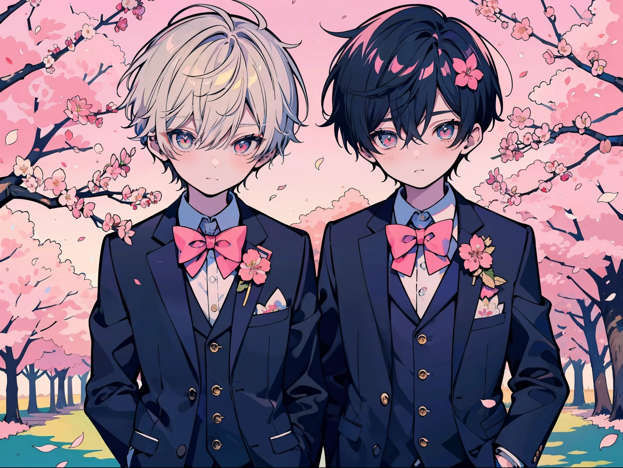 two boys without clothes, Gay Boy Relationships, 10 year old boy,（full body photo） (upper body blazer),（Lower body） cute, under the cherry blossom tree at school, （Petals flutter）