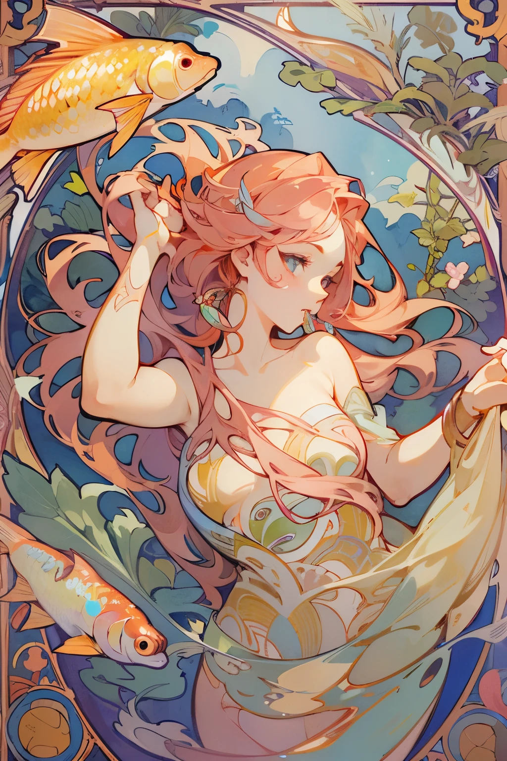 masterpiece, highest quality, ultra high resolution, sharp focus,(Highly detailed CG Unity 8K wallpaper), (highest quality), (best illustrations), Beautiful woman, personification of pisces、The upper body of a beautiful human woman and the lower body of a fish、light pink hair、mermaid、A lot of small fish are swimming around、、horoscope、Mysterious, Alphonse Mucha's Art Nouveau line, Art Nouveau line, awesome full color, watercolor painting