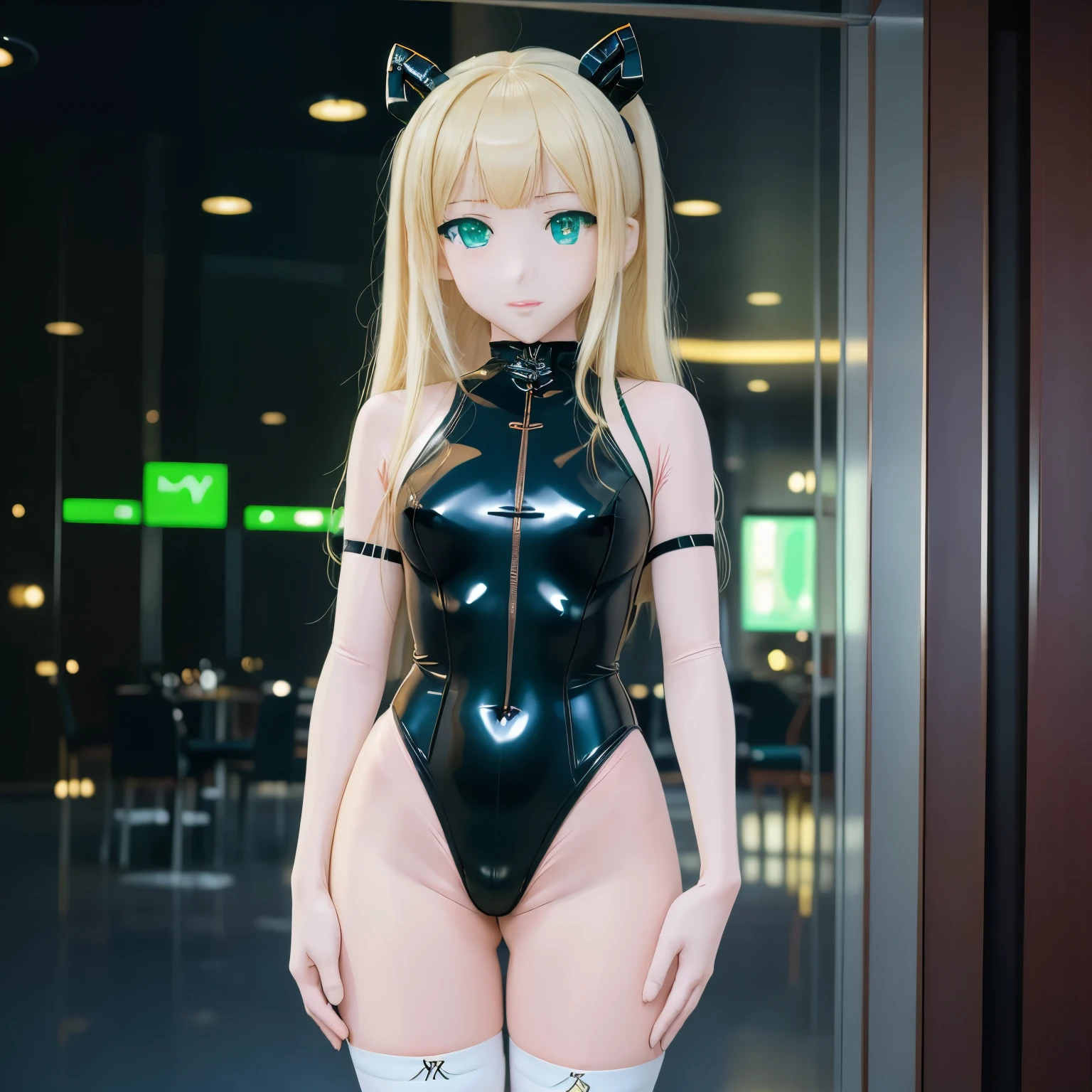 Kigurumi, ((green eyes)), blonde, bangs, High resolution cosplay photos, highest resolution, 最high quality, high quality, 4K HDR photography, Hotel, dark room, anime girl, Flesh-colored bodysuit made of fabric with visible seams and wrinkles,(plastic face), plastic anime girl mask, synthetic wig texture, (Rin Tohsaka's face), ((anime face)), Detailed anime eyes, (Cartoon face), fabric seams, 、full body portrait、wearing leotard