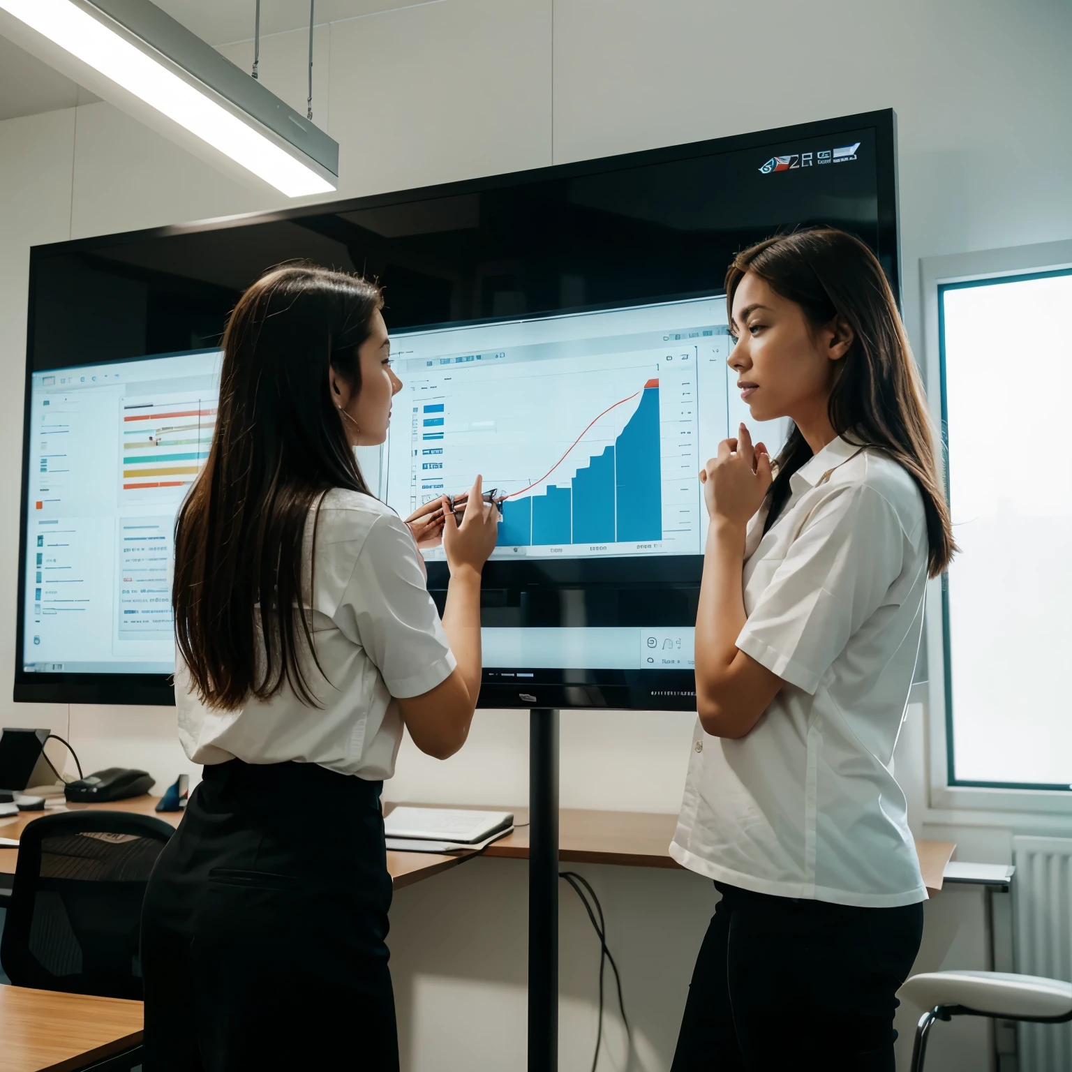 Business people standing around a big touch screen monitor hanging on a wall in an office.