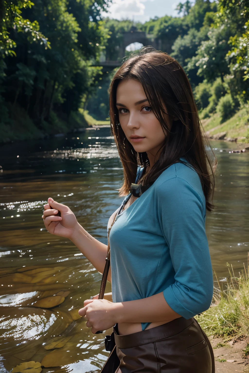 Create an RPG-style scene of a beautiful, realistic, high-resolution brunette woman with blue eyes in a river fishing.
