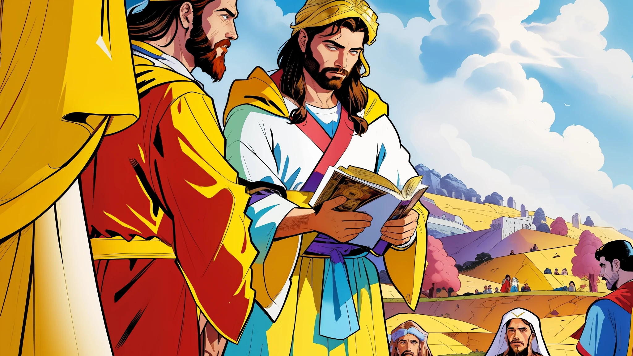 a cartoon of Jesus and Mary are standing in front of a group of people, biblical illustration, granting him a noble title, com panos amarelos, biblical clothing, vestes amarelas, biblical art style, de Alexander Fedosav, de Juan O'Gorman, but György Rózsahegyi, José and José, antiga princesa libu, melhor qualidade, high resolution, arte digital, marvel style comic book.