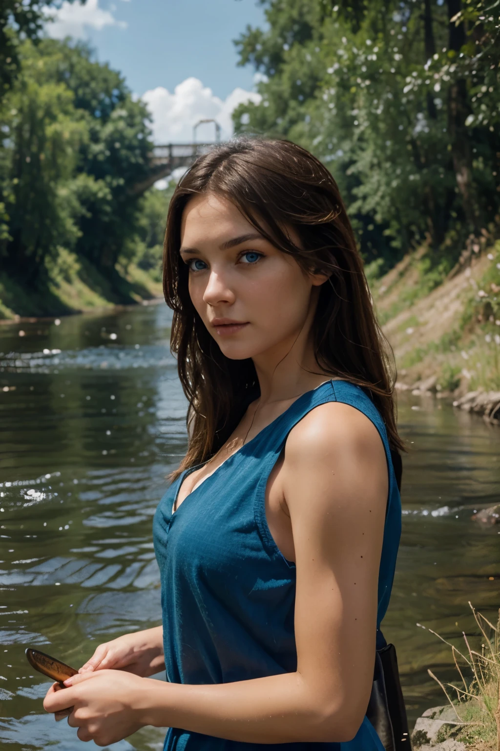 Create an RPG-style scene of a beautiful, realistic, high-resolution brunette woman with blue eyes in a river fishing.