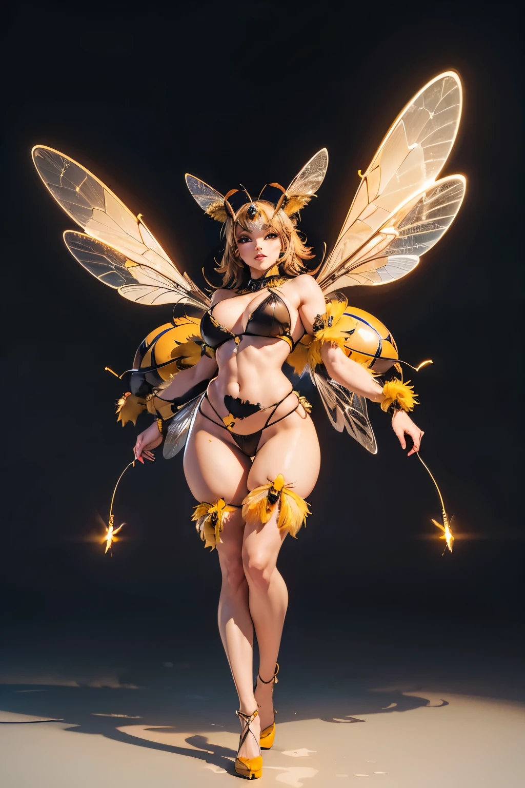 3DMM style, Masterpiece, detail, An exquisitely detailed portrayal of an astonishing Insectoid girl adorned with a remarkable bee Body, female 40 years old, (female anthro bee:1.3), short updo hair, brown hair, curvy body, medium breast, wide hips, queen bee, bee athena, bee big round abdomen, bee wings behind her, half bee half human.