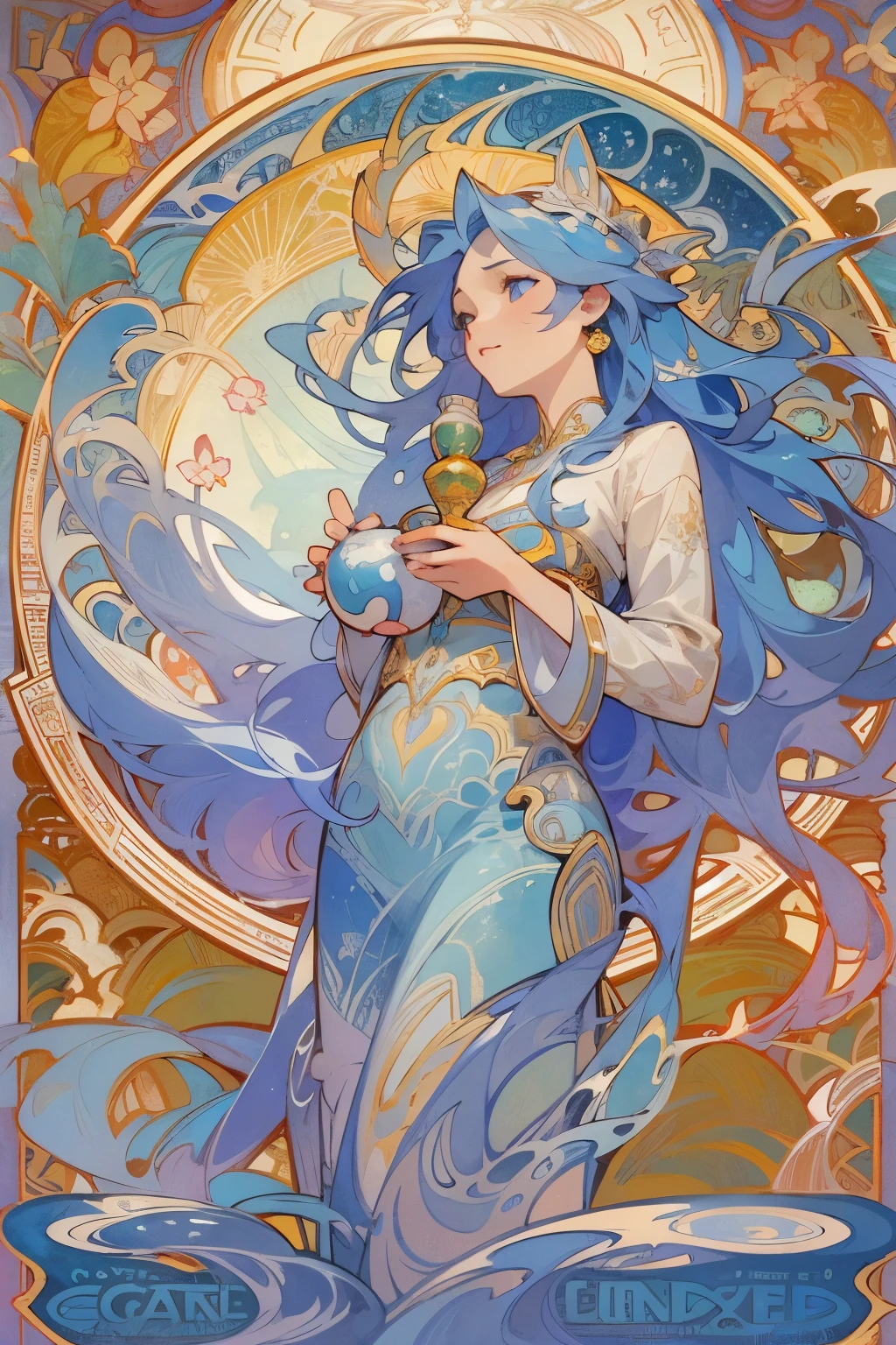 masterpiece, highest quality, ultra high resolution, sharp focus,(Highly detailed CG Unity 8K wallpaper), (highest quality), (best illustrations), Beautiful woman,  Aquarius, a beautiful venus with long sky blue color hair, pouring water from a jar, fantasy, mysterious atmosphere, horoscope、Mysterious, Alphonse Mucha&#39;s Art Nouveau line, Art Nouveau line,　awesome full color,　watercolor painting　
