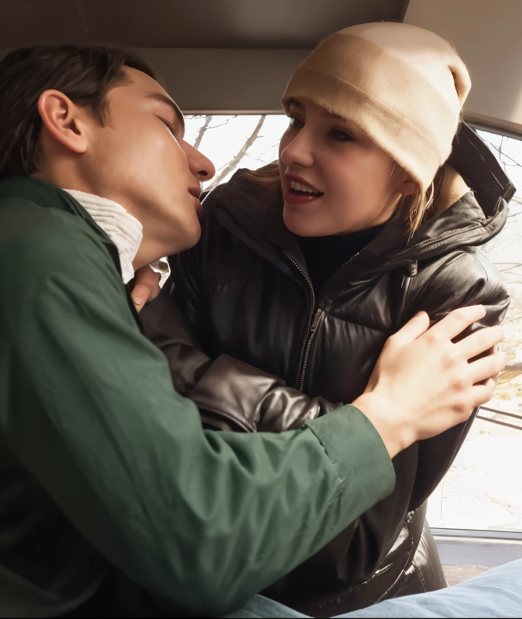 there are a young blond man and an attractively madeup middleaged woman in a laquered coat passionately kissing in a park, a longhairedmiddleaged woman is wearing a long black high-shine laquered downcoat, an orgasmic moaning middleaged woman in a high-shine coat is passionately kissing her blond shorthaired boyfriend, arm around her shoulder, hugging her, kissing him, orgasm, loving views, they are in love, hugging, beautiful surroundings, private moment, face obscured, candid shot, photoshoot, uhd candid photo of dirty, photo shoot, couple, beautiful scene, hugging his knees, dsrl photo, instagram picture, reylo kissing, picture