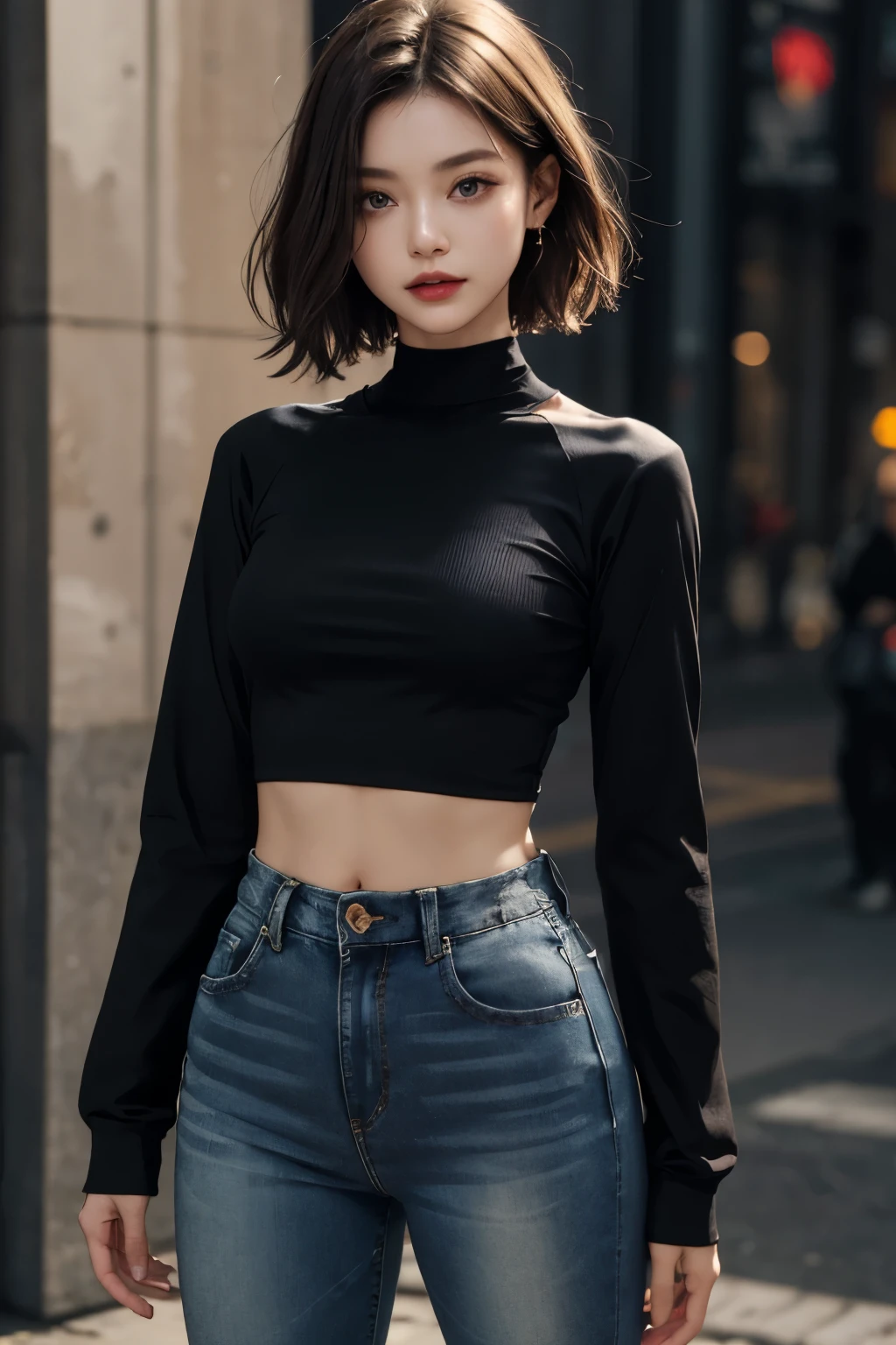 Young, (masterpiece), best quality, expressive eyes, perfect face, small breasts, black short hair, black tight long sleeve plain crop top, tight clothes, simple clothes, black jeans, tight sleeves, standing straight